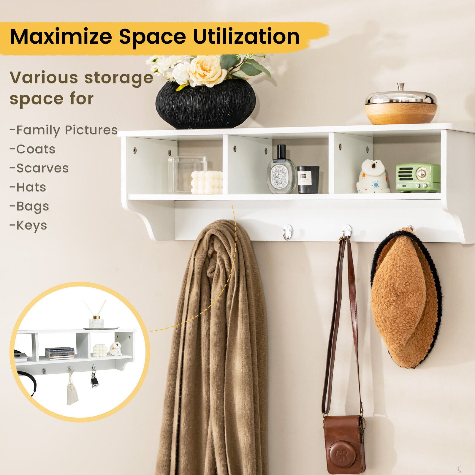 Wall Mount Cubby Organizer Hooks Entryway Storage Shelf-WhiteÂ