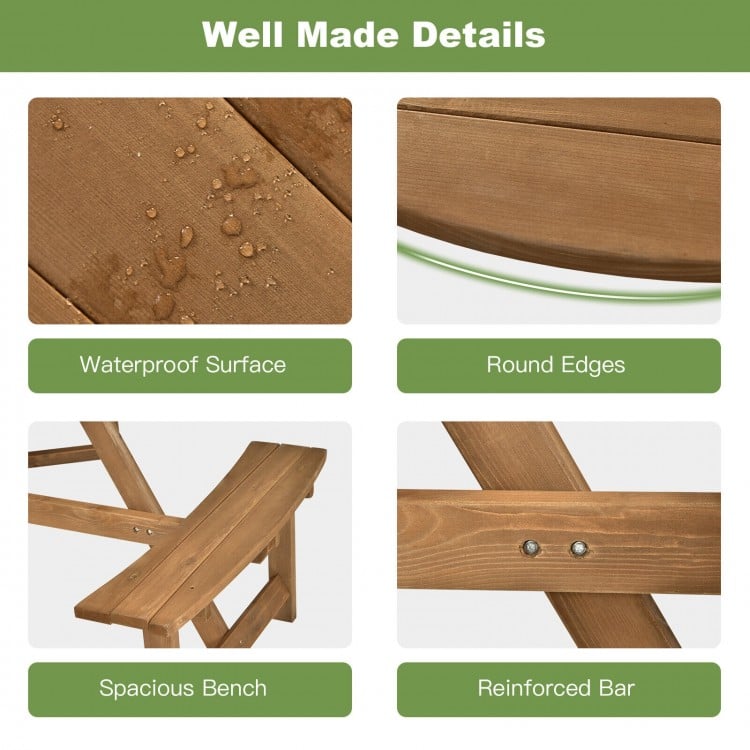6-person Round Wooden Picnic Table with Umbrella Hole and 3 Built-in Benches-Dark Brown