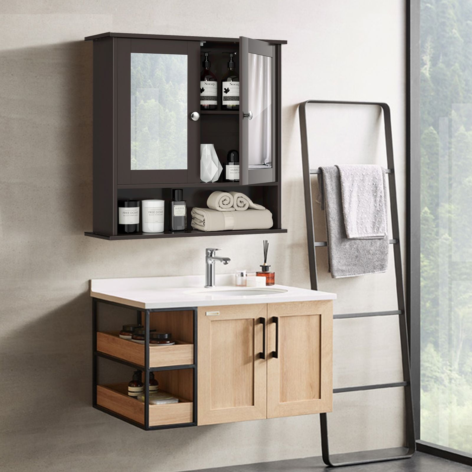 Bathroom Wall Mount Mirror Cabinet Organizer-BrownÂ
