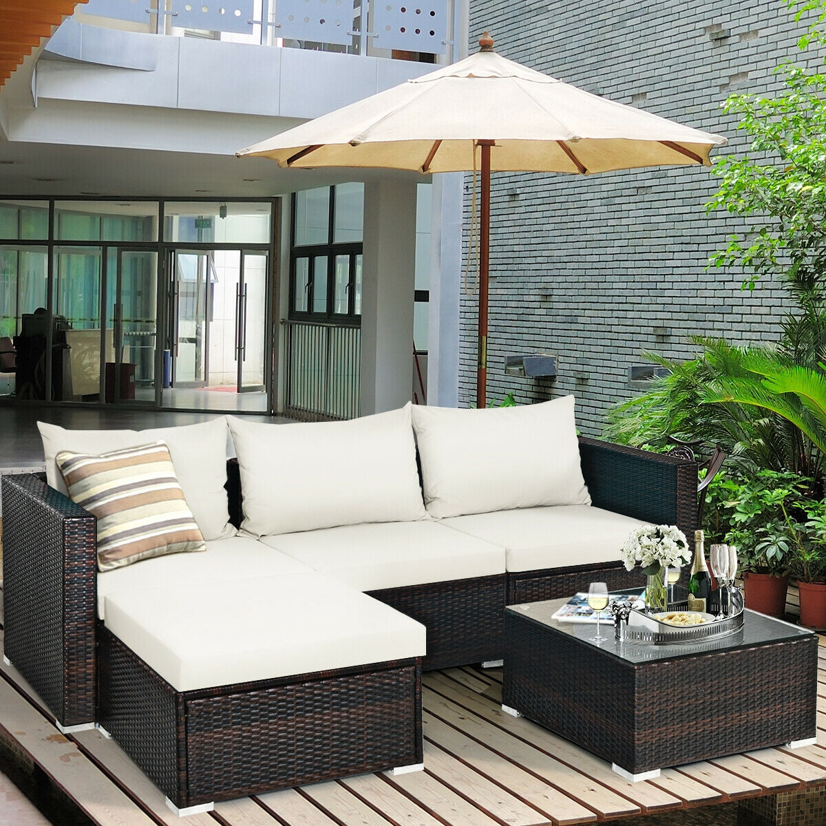 5 Pieces Patio Rattan Furniture Set with Coffee Table-Off WhiteÂ