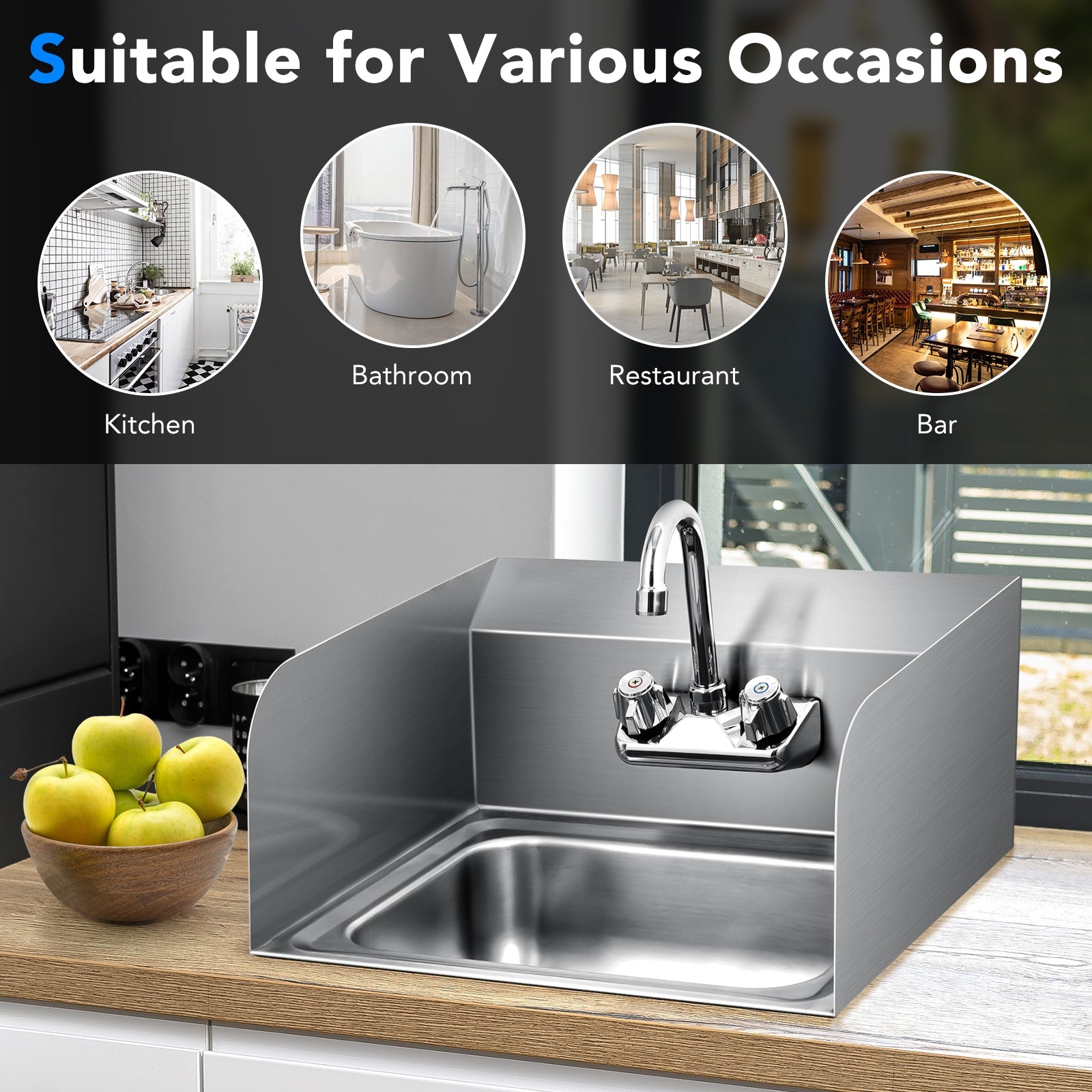 Stainless Steel Sink Wall Mount Hand Washing Sink with Faucet and Side SplashÂ