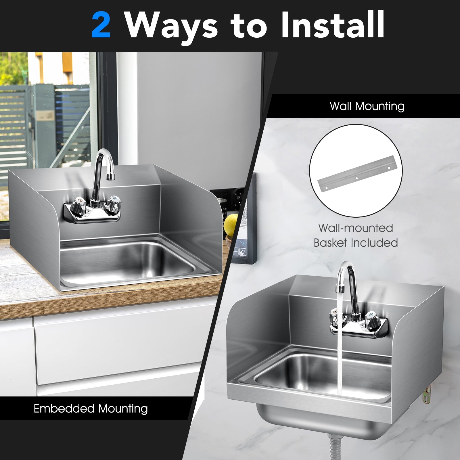 Stainless Steel Sink Wall Mount Hand Washing Sink with Faucet and Side SplashÂ