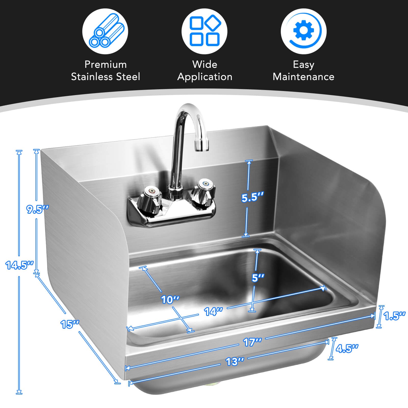 Stainless Steel Sink Wall Mount Hand Washing Sink with Faucet and Side SplashÂ