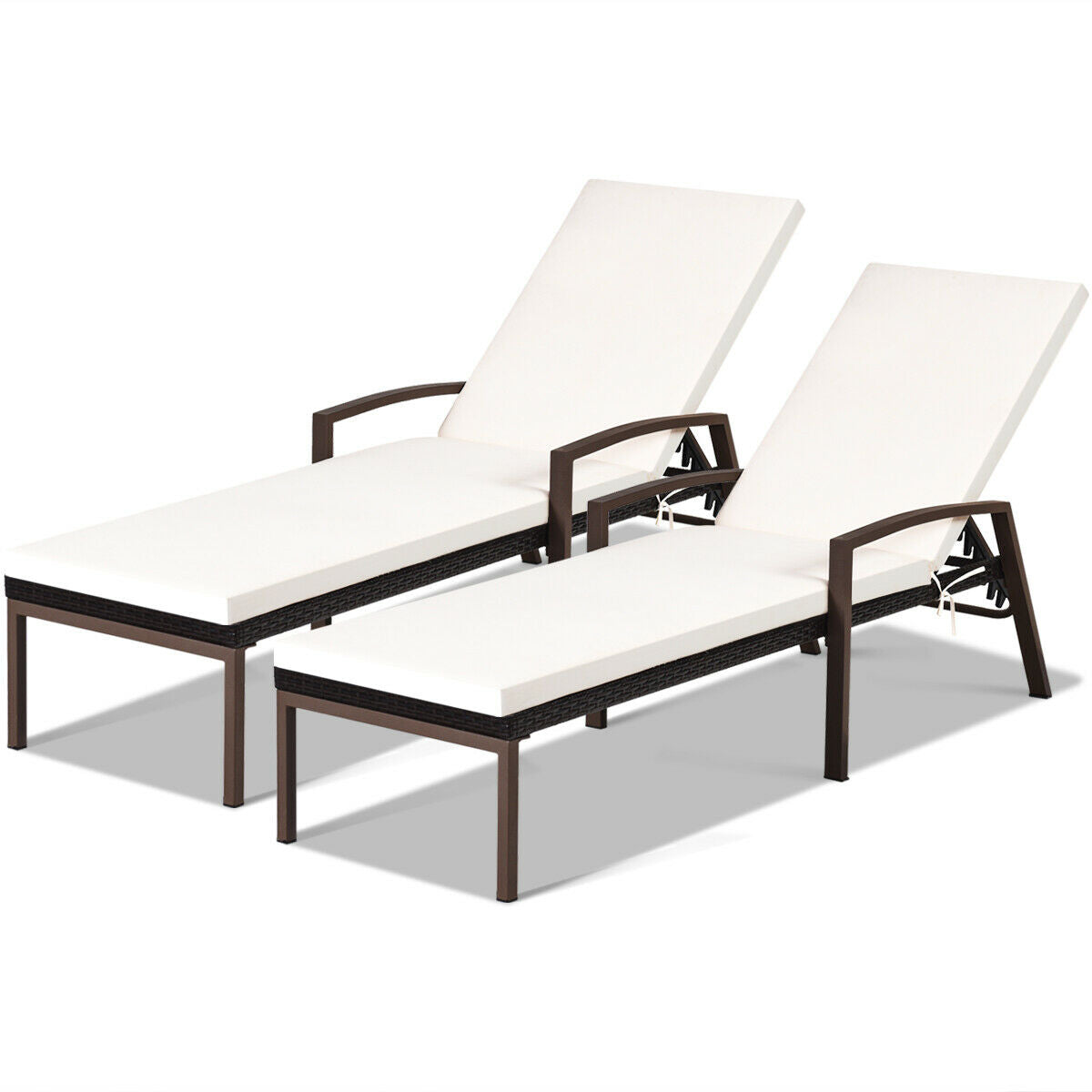 2 Pieces Patio Rattan Adjustable Back Lounge Chair with Armrest and Removable Cushions-WhiteÂ