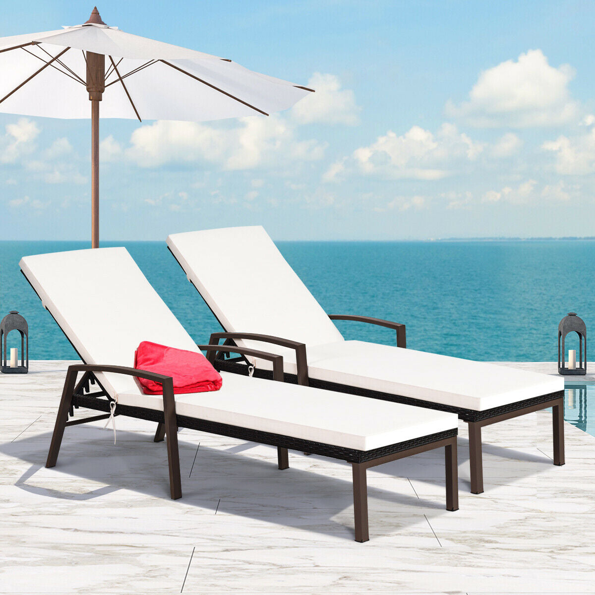 2 Pieces Patio Rattan Adjustable Back Lounge Chair with Armrest and Removable Cushions-WhiteÂ