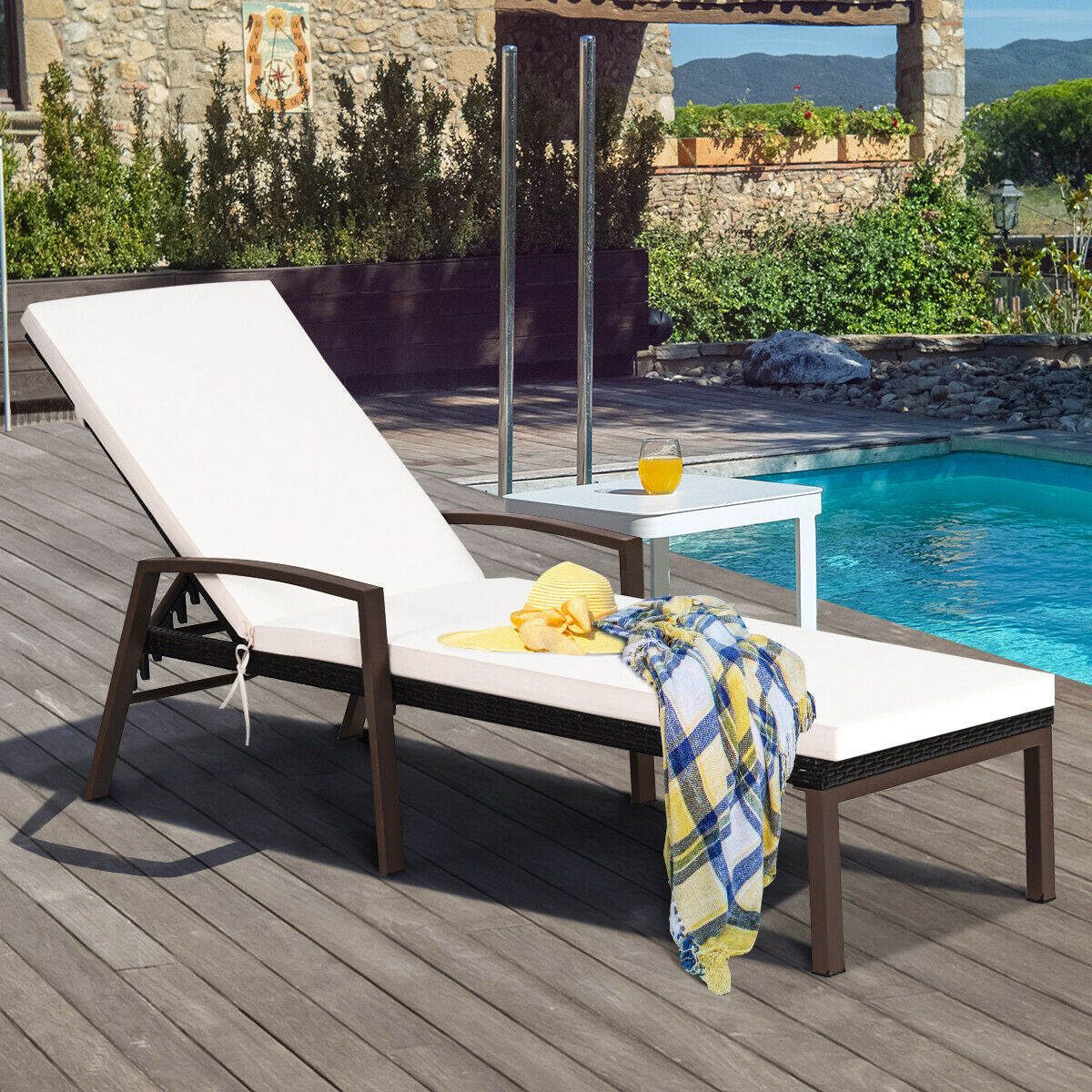 2 Pieces Patio Rattan Adjustable Back Lounge Chair with Armrest and Removable Cushions-WhiteÂ