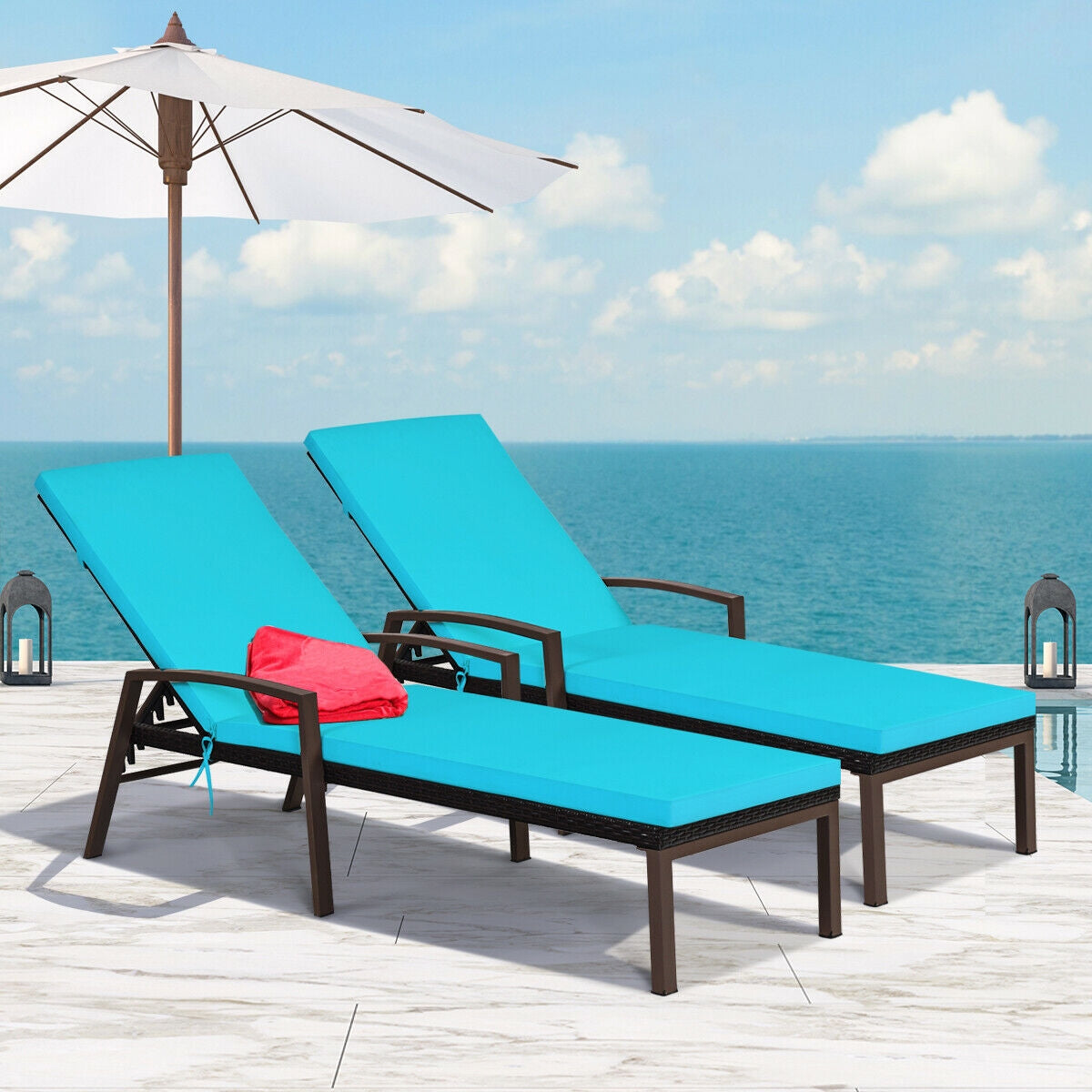 2 Pieces Patio Rattan Adjustable Back Lounge Chair with Armrest and Removable Cushions-TurquoiseÂ