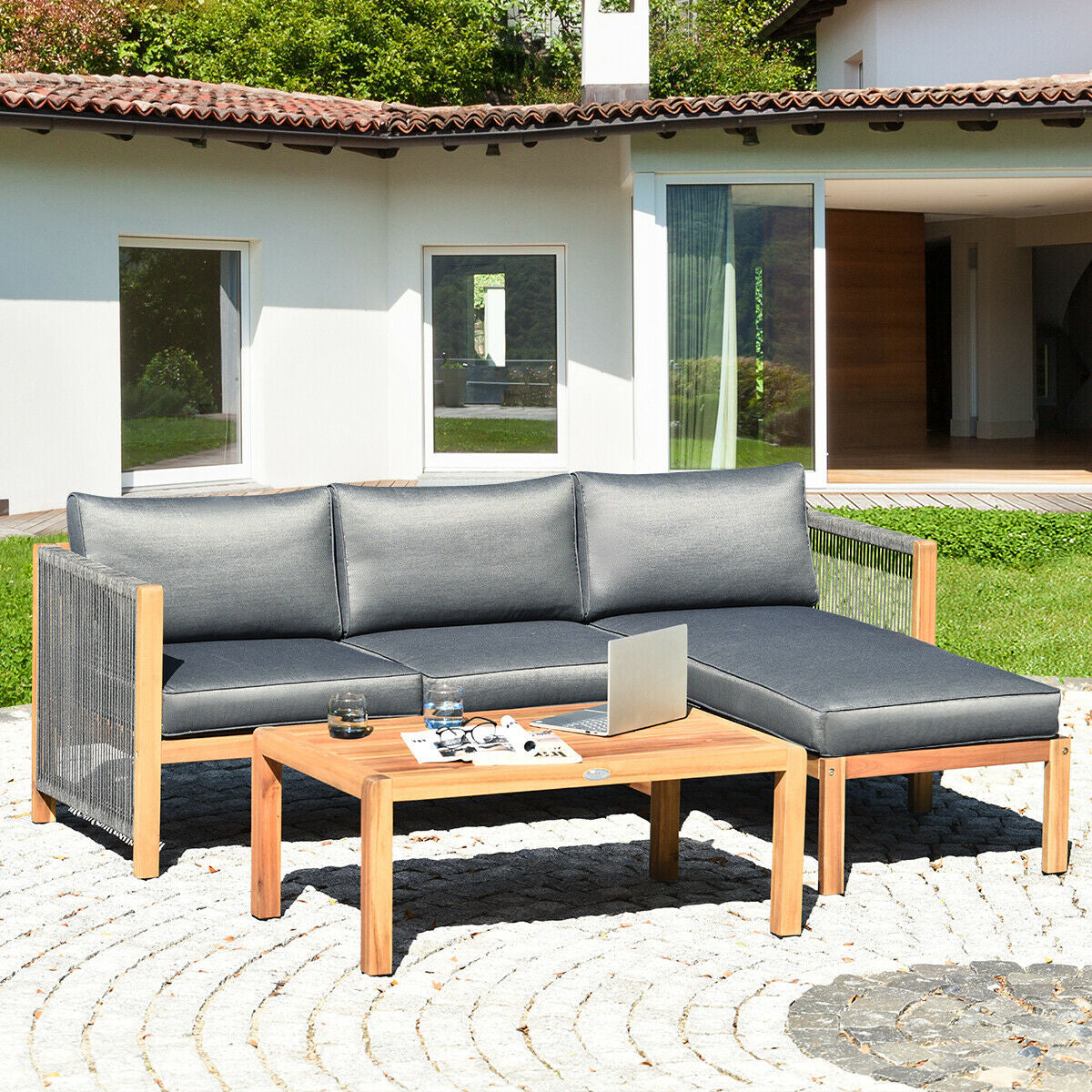 3 Piece Patio Acacia Sofa Set with Nylon ArmrestÂ