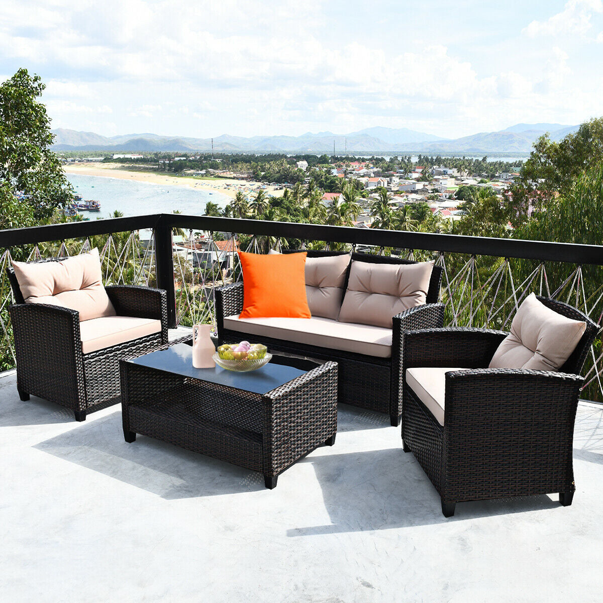 4 Pieces Outdoor Rattan Armrest Furniture Set Table with Lower Shelf-BeigeÂ