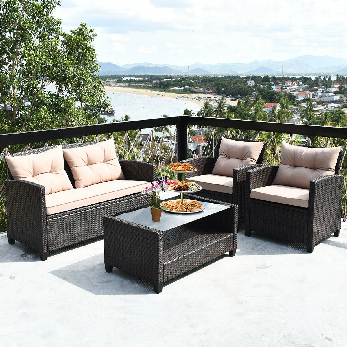 4 Pieces Outdoor Rattan Armrest Furniture Set Table with Lower Shelf-BeigeÂ