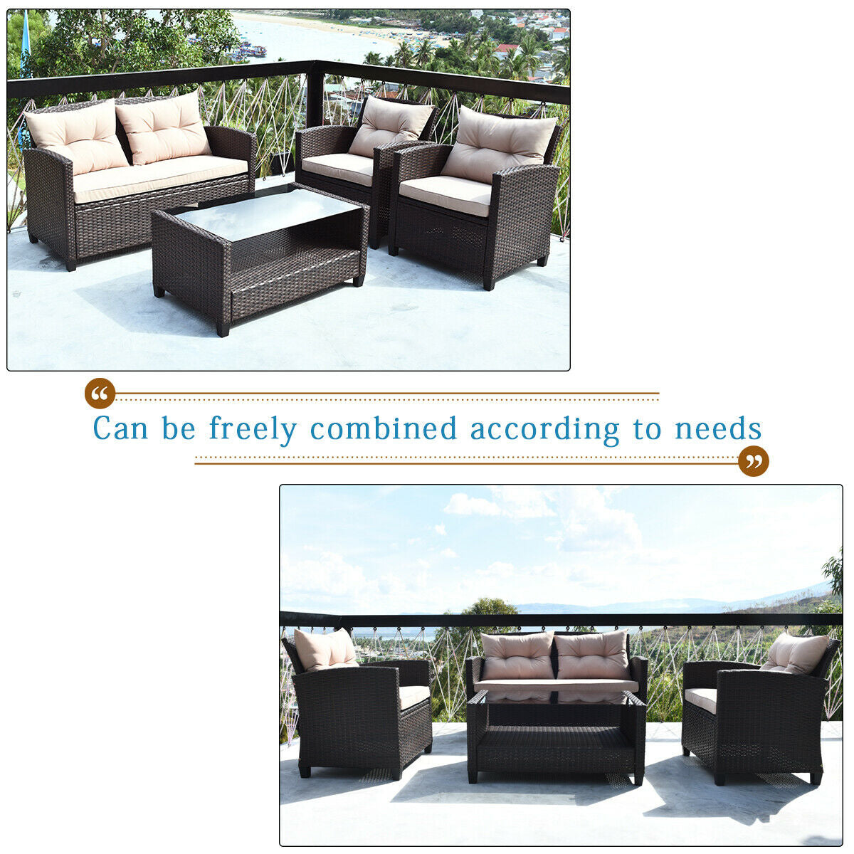 4 Pieces Outdoor Rattan Armrest Furniture Set Table with Lower Shelf-BeigeÂ