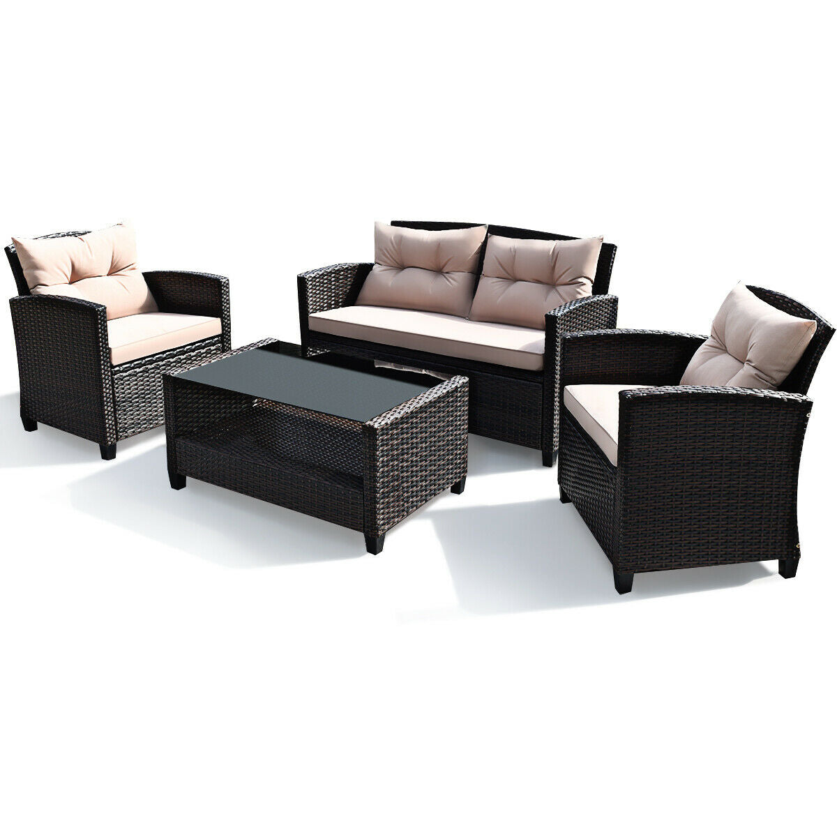 4 Pieces Outdoor Rattan Armrest Furniture Set Table with Lower Shelf-BeigeÂ