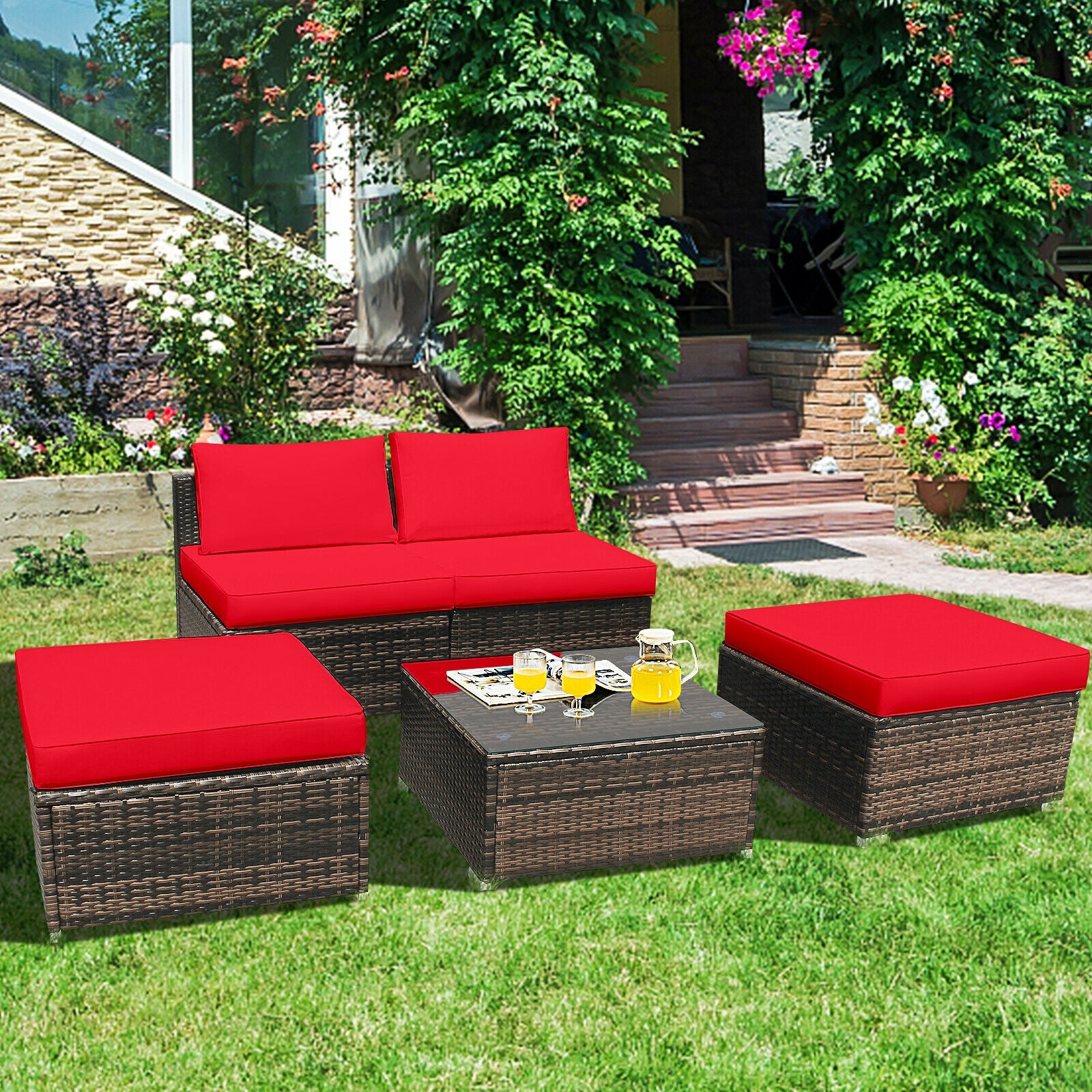 5 Pieces Patio Rattan Furniture Set with Cushioned Armless Sofa-RedÂ