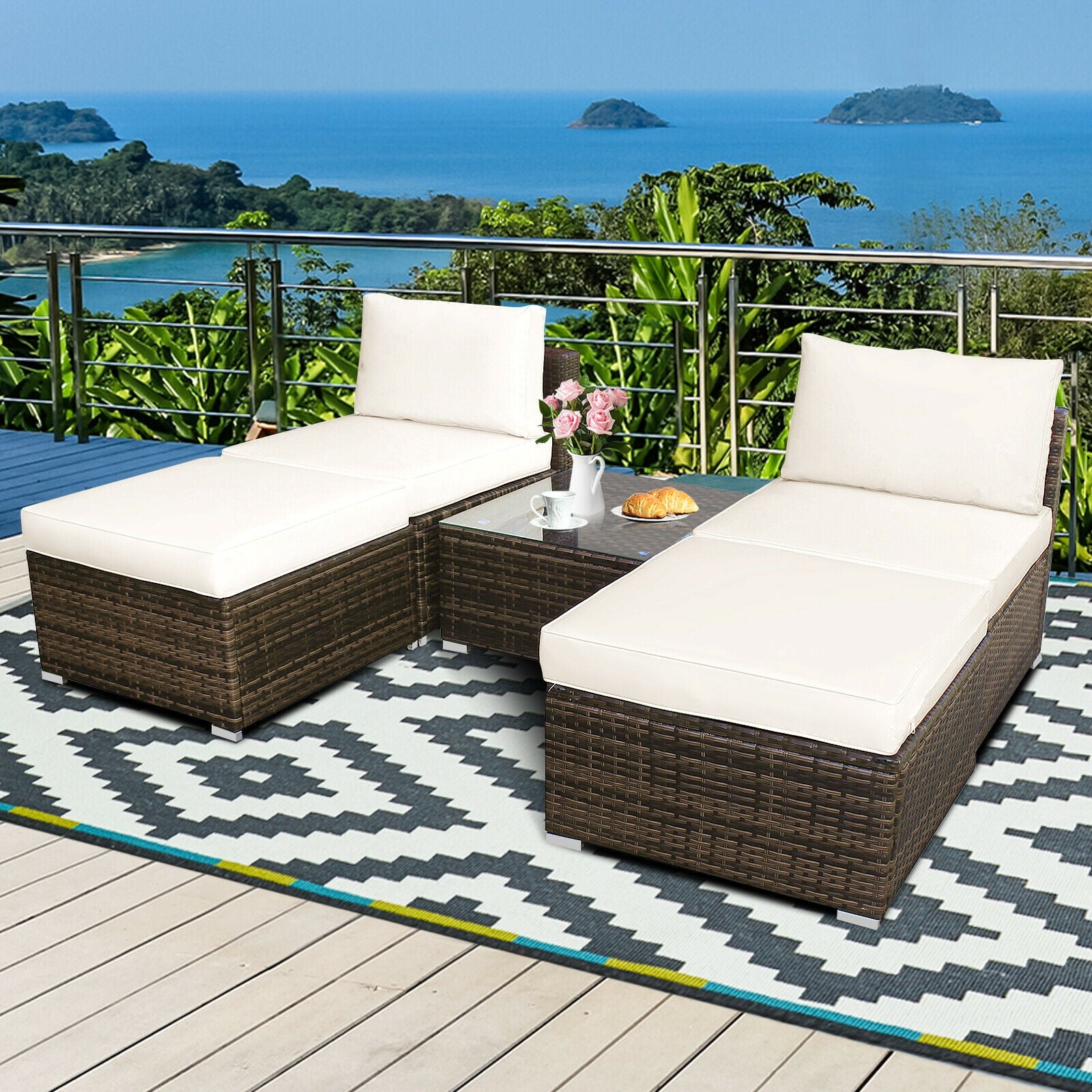5 Pieces Patio Rattan Furniture Set with Cushioned Armless Sofa-WhiteÂ