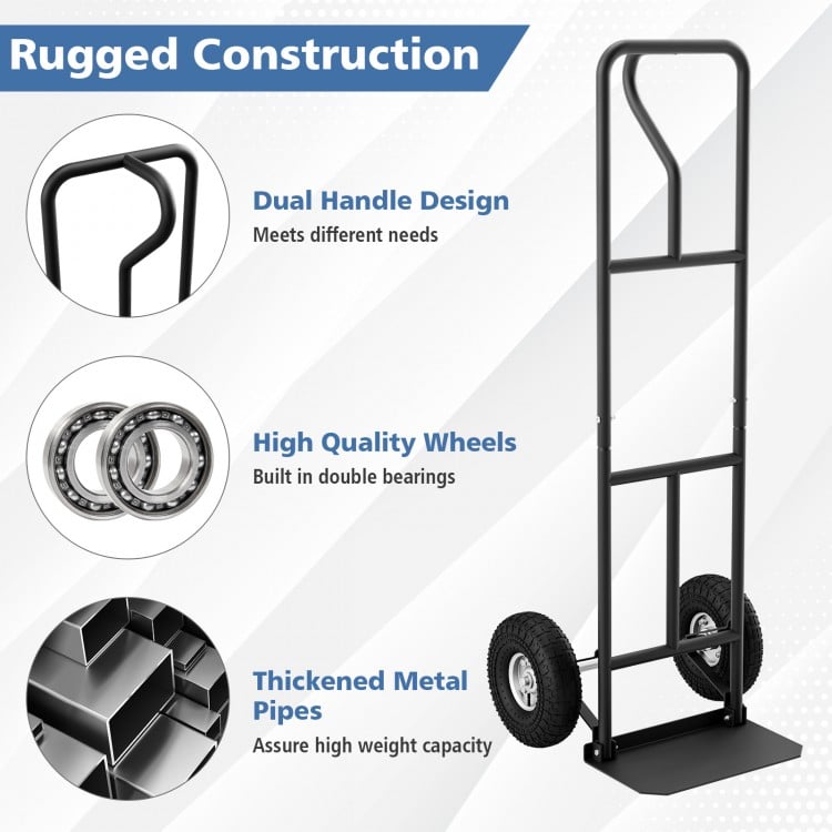P-Handle Hand Truck with Foldable Load Plate for Warehouse Garage-Black