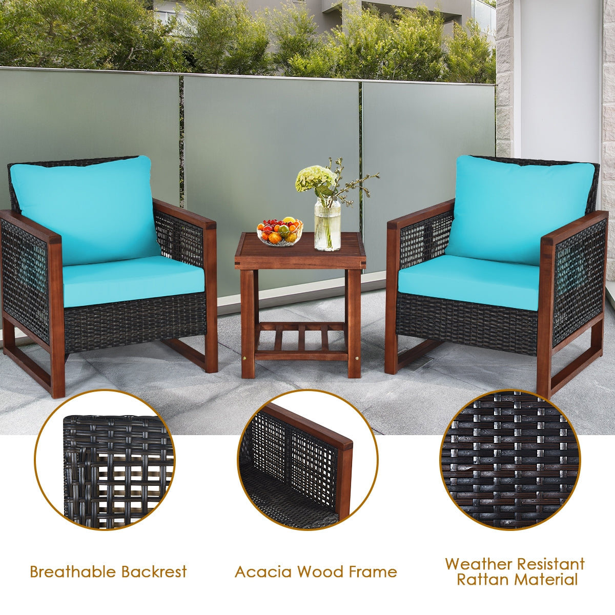 3 Pieces Acacia Wood Patio Furniture Set with Coffee Table-TurquoiseÂ