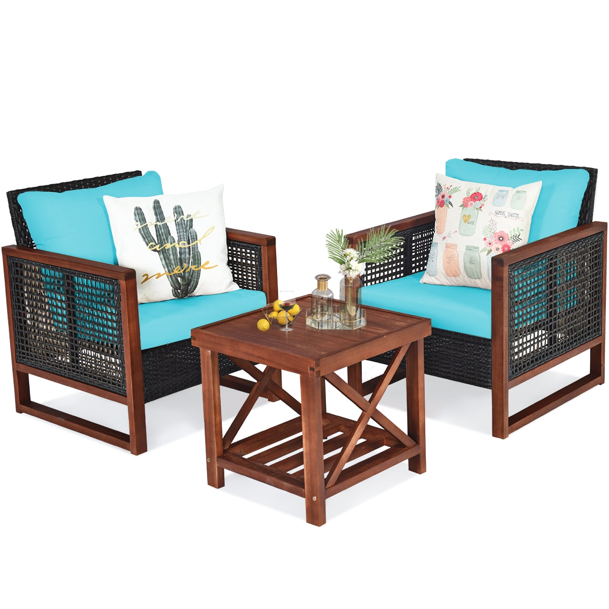 3 Pieces Acacia Wood Patio Furniture Set with Coffee Table-TurquoiseÂ
