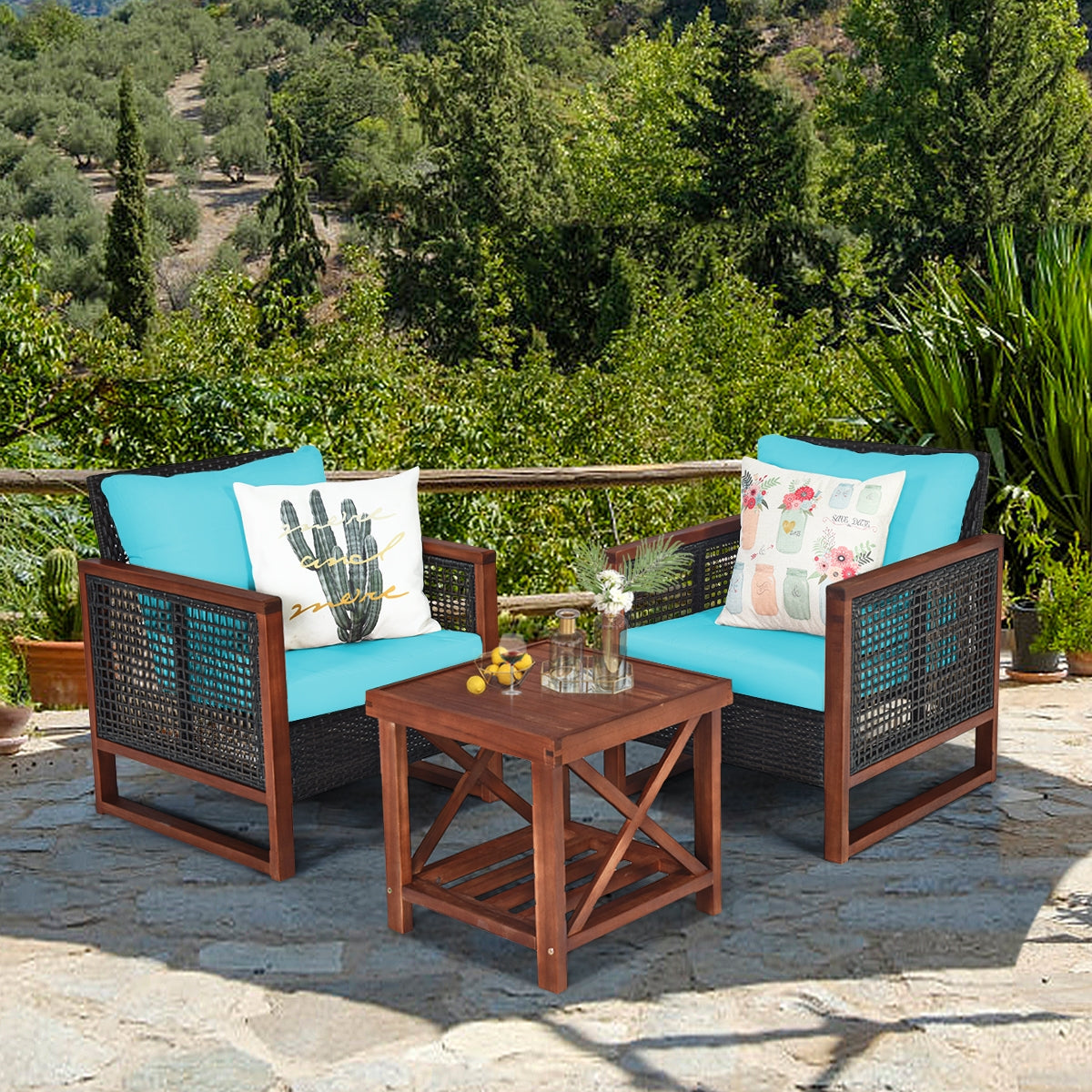 3 Pieces Acacia Wood Patio Furniture Set with Coffee Table-TurquoiseÂ