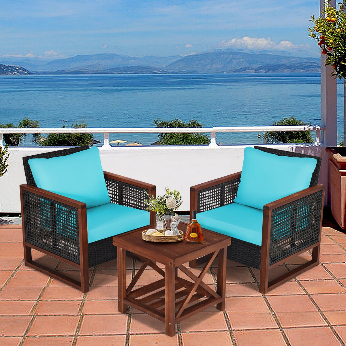 3 Pieces Acacia Wood Patio Furniture Set with Coffee Table-TurquoiseÂ