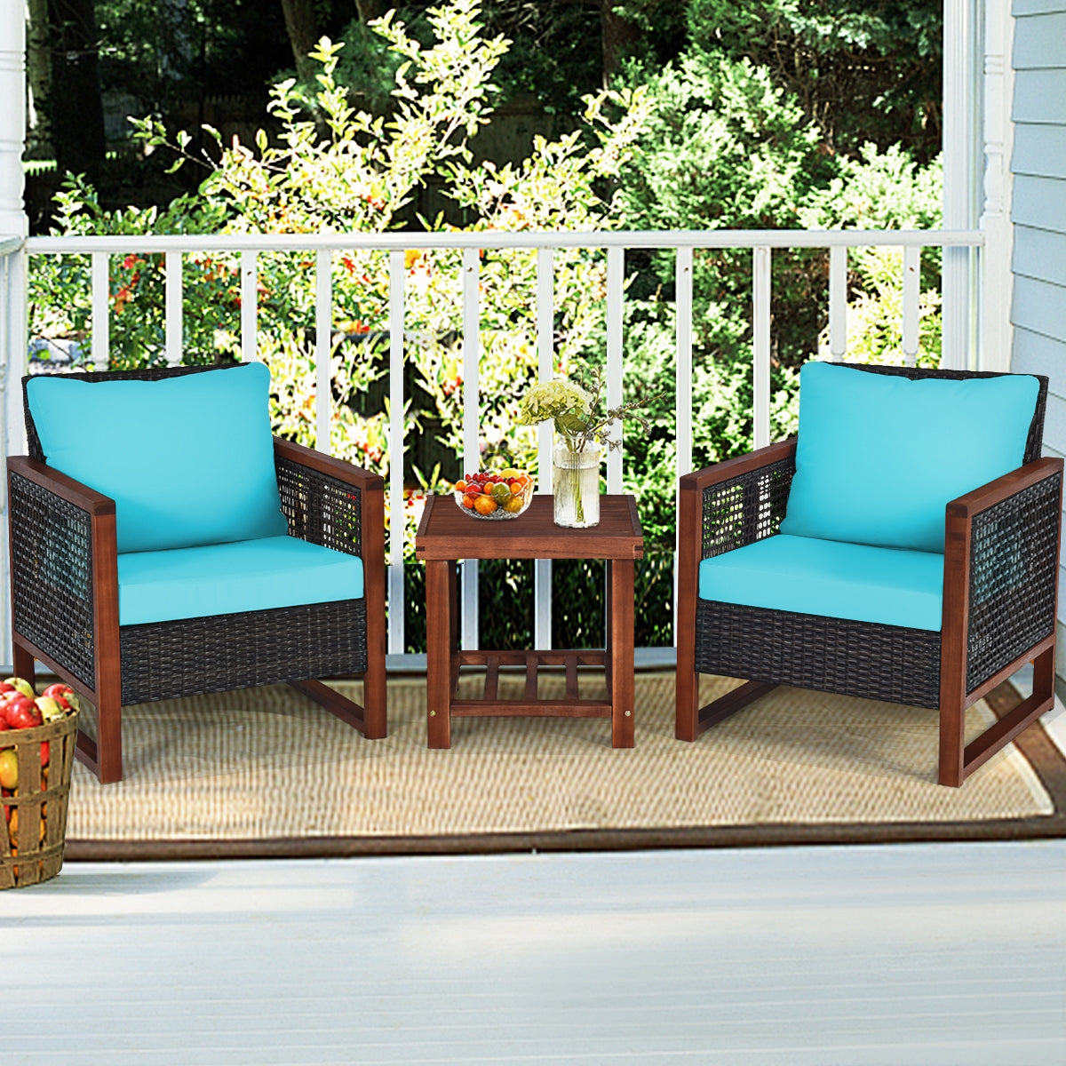 3 Pieces Acacia Wood Patio Furniture Set with Coffee Table-TurquoiseÂ