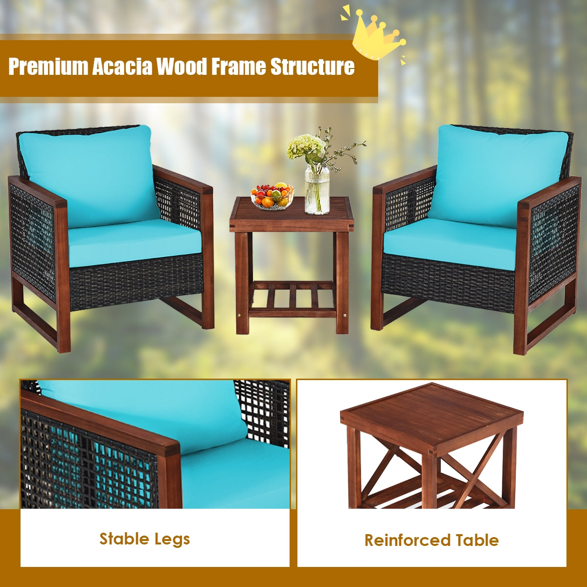 3 Pieces Acacia Wood Patio Furniture Set with Coffee Table-TurquoiseÂ