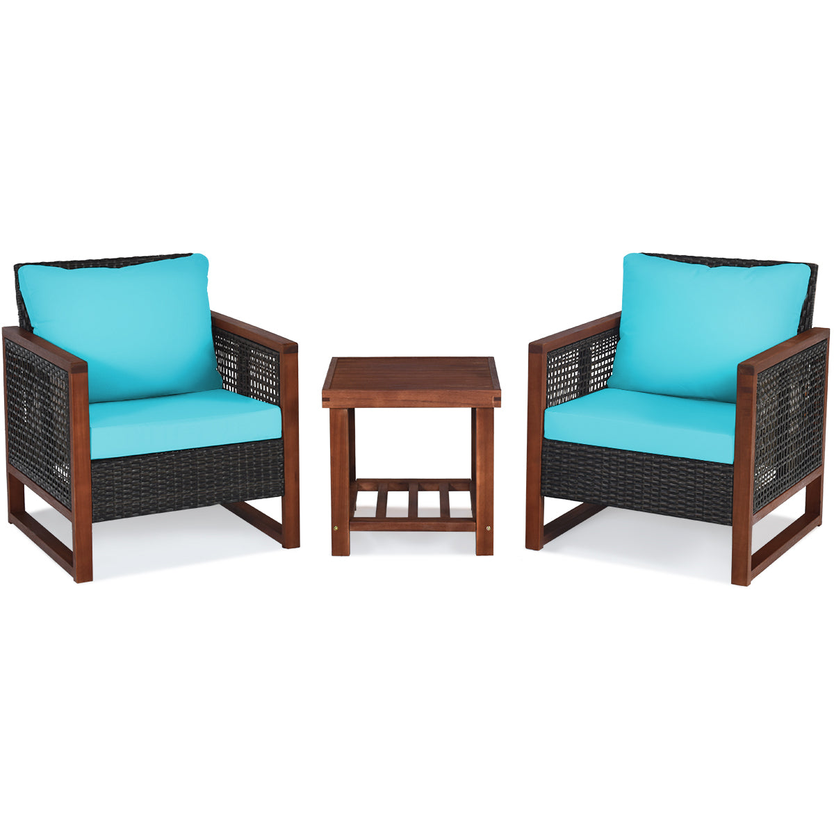 3 Pieces Acacia Wood Patio Furniture Set with Coffee Table-TurquoiseÂ