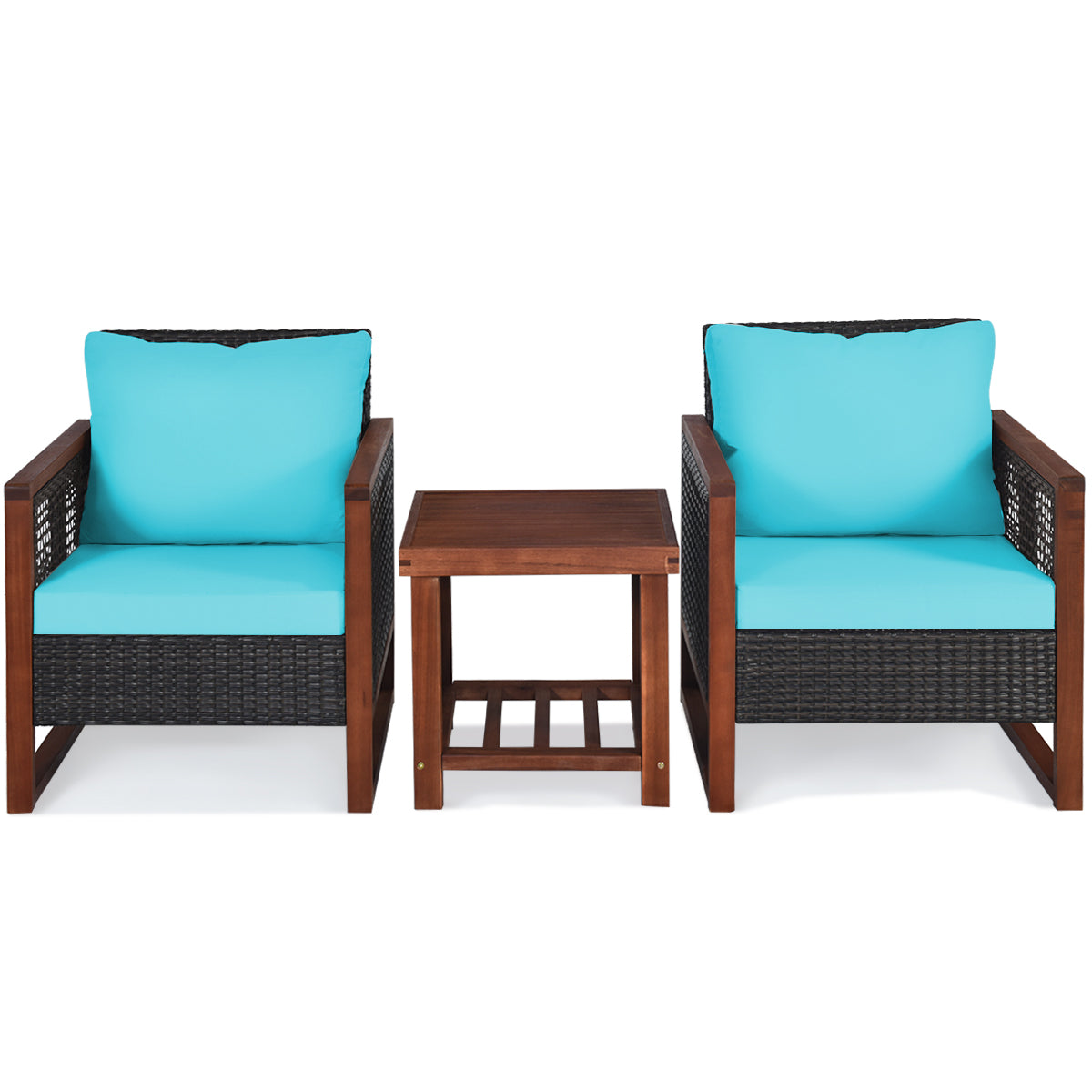 3 Pieces Acacia Wood Patio Furniture Set with Coffee Table-TurquoiseÂ