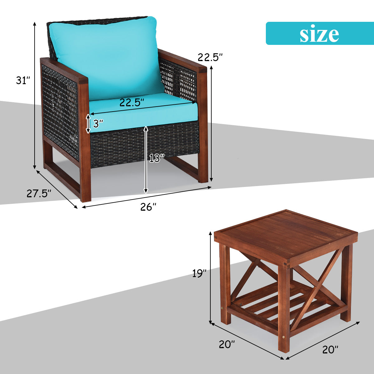 3 Pieces Acacia Wood Patio Furniture Set with Coffee Table-TurquoiseÂ