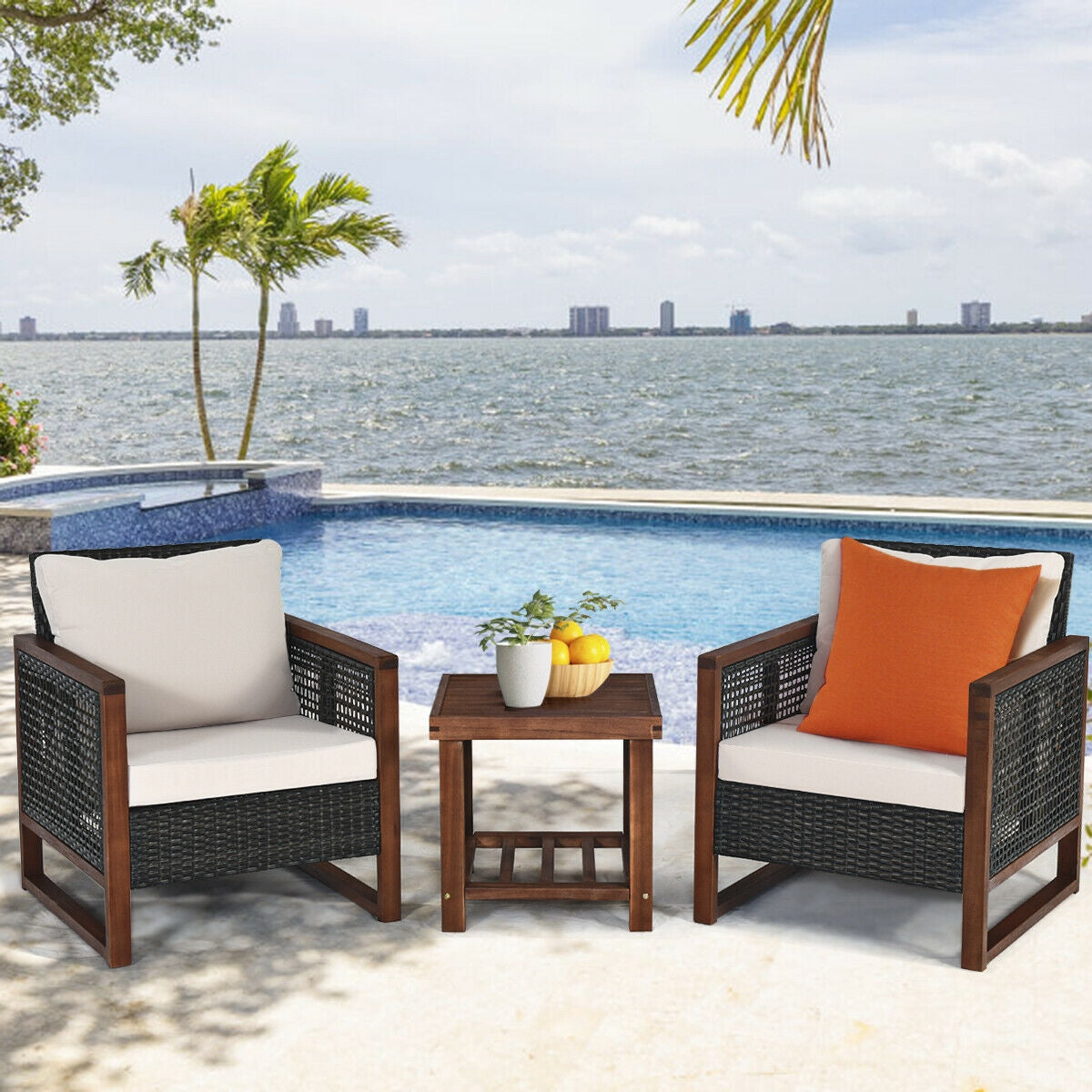 3 Pcs Patio Wicker Furniture Sofa Set with Wooden Frame and Cushion-BeigeÂ