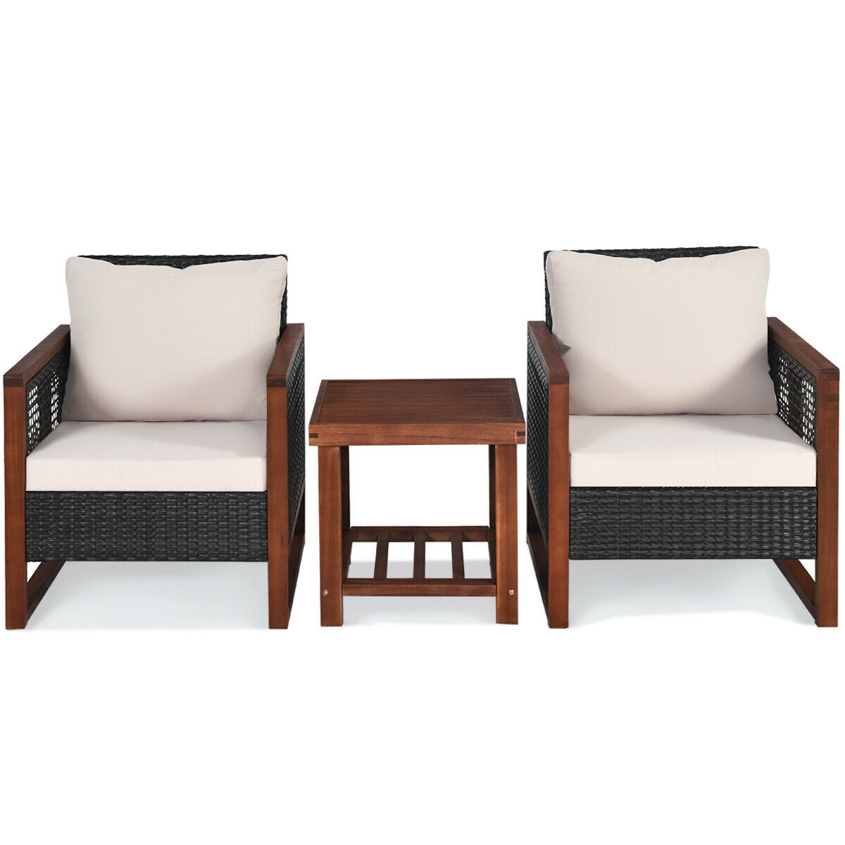 3 Pcs Patio Wicker Furniture Sofa Set with Wooden Frame and Cushion-BeigeÂ