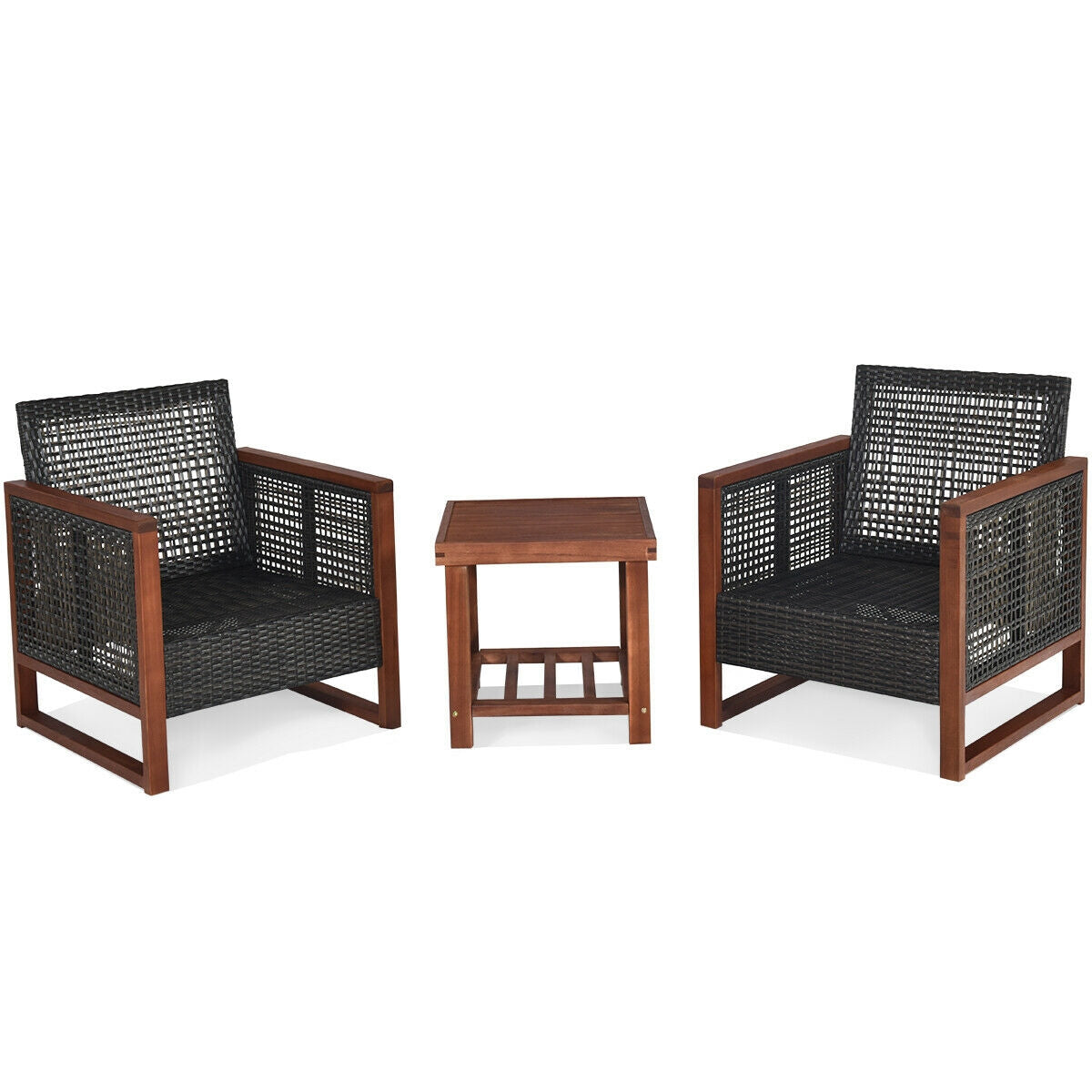 3 Pcs Patio Wicker Furniture Sofa Set with Wooden Frame and Cushion-BeigeÂ