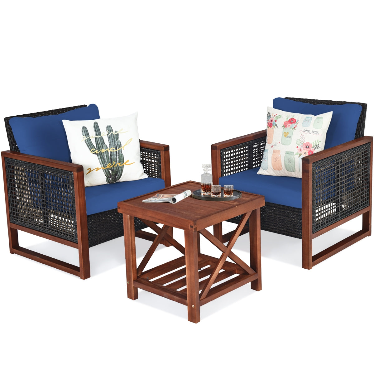 3 Pcs Patio Wicker Furniture Sofa Set with Wooden Frame and Cushion-NavyÂ