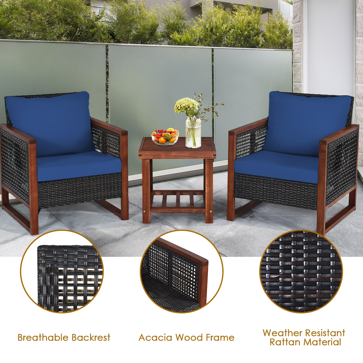 3 Pcs Patio Wicker Furniture Sofa Set with Wooden Frame and Cushion-NavyÂ