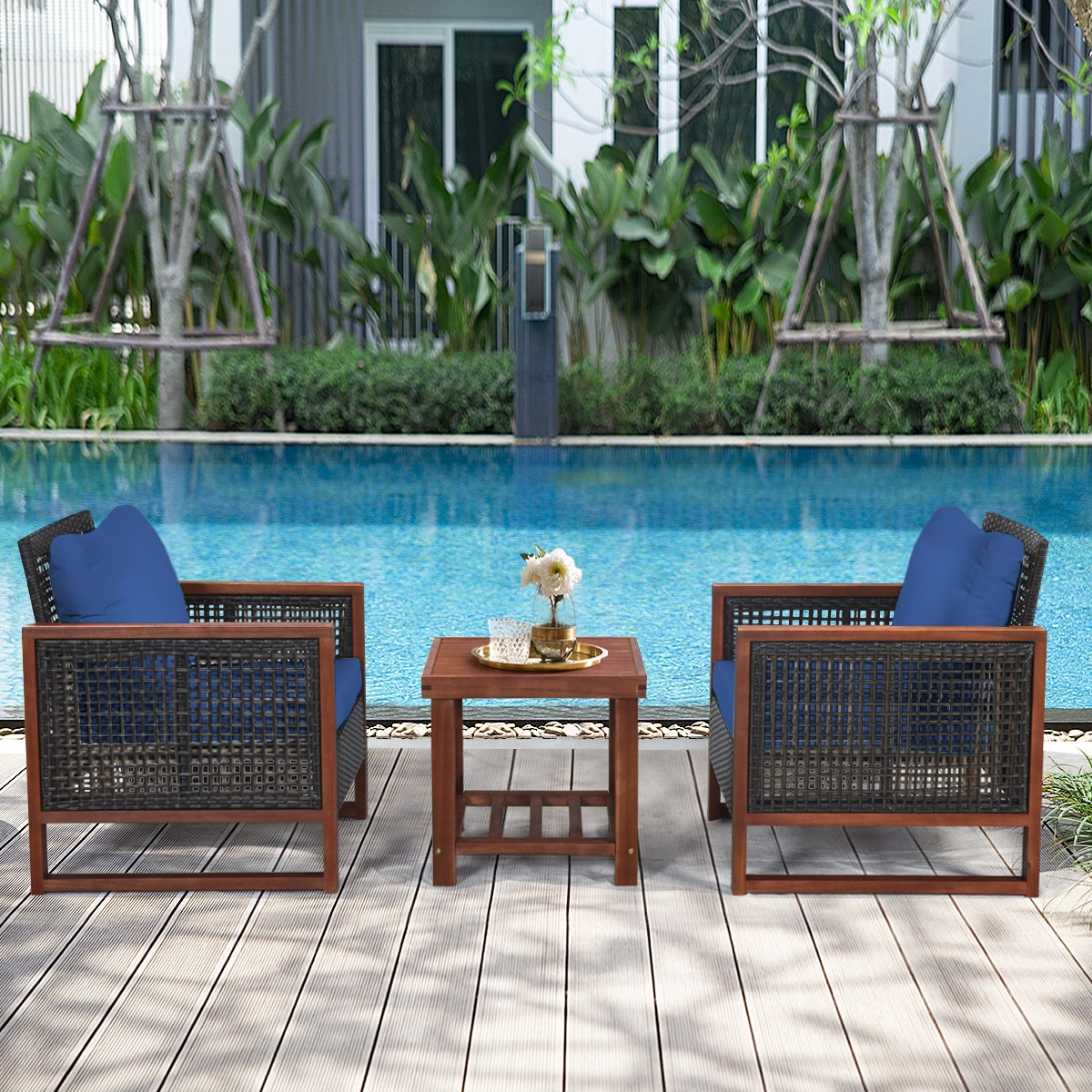 3 Pcs Patio Wicker Furniture Sofa Set with Wooden Frame and Cushion-NavyÂ