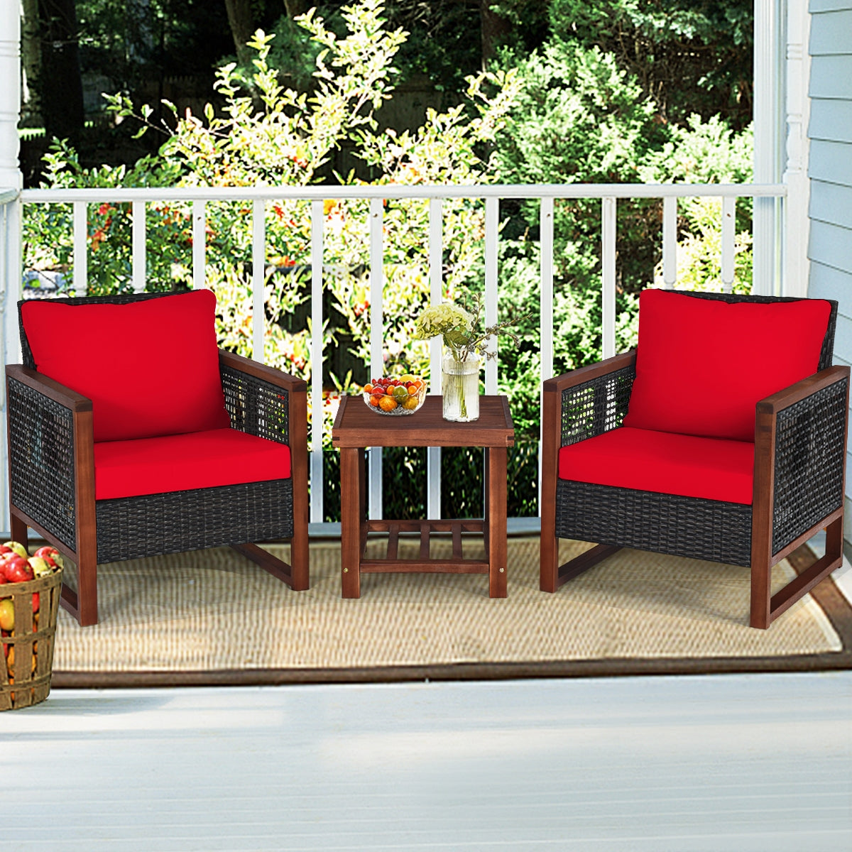 3 Pieces Acacia Wood Patio Furniture Set with Coffee Table-RedÂ