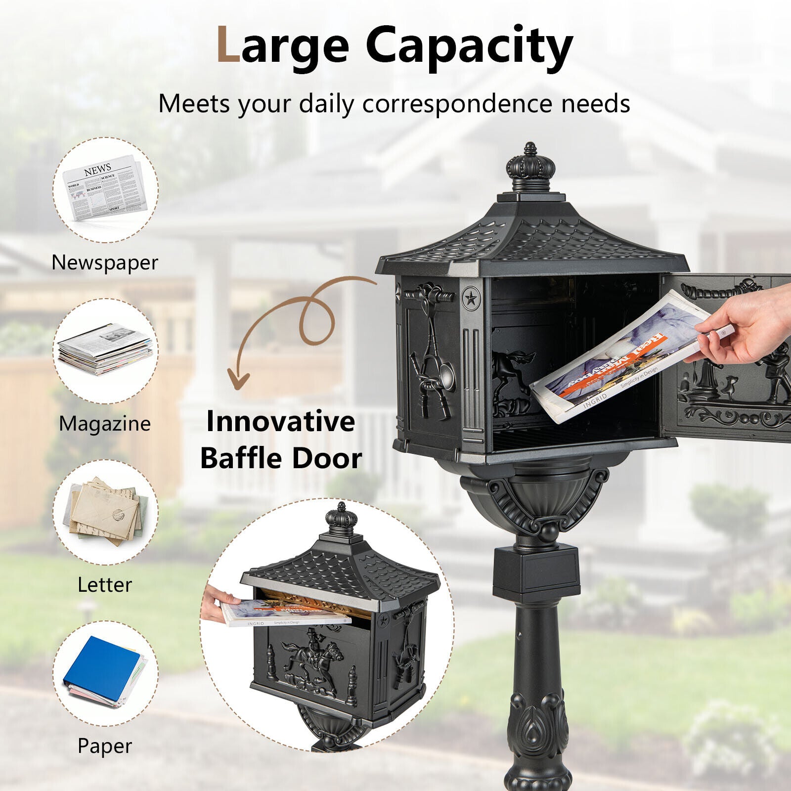 Retro Cast Aluminum Mailbox Security Postal Letter Box with Baffle Door-BlackÂ