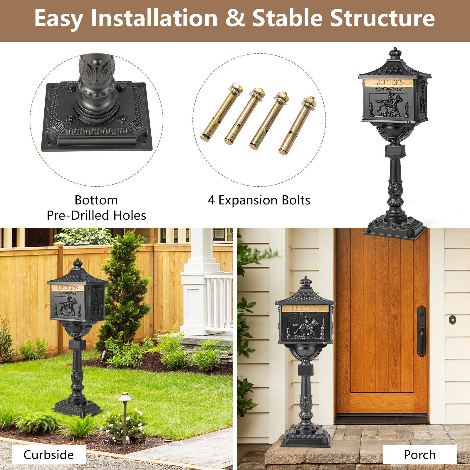 Retro Cast Aluminum Mailbox Security Postal Letter Box with Baffle Door-BlackÂ