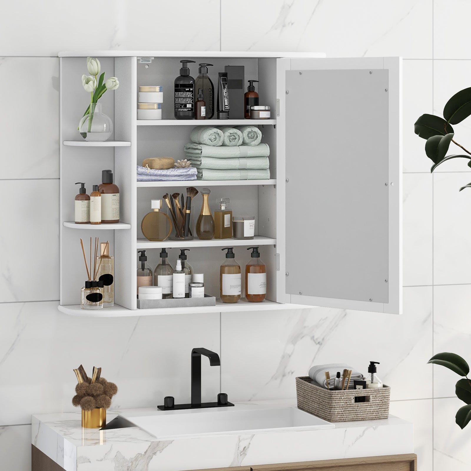 Multipurpose Mount Wall Mirror Bathroom Storage Cabinet-WhiteÂ