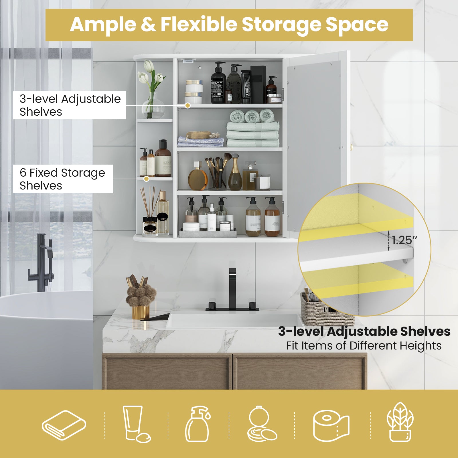 Multipurpose Mount Wall Mirror Bathroom Storage Cabinet-WhiteÂ