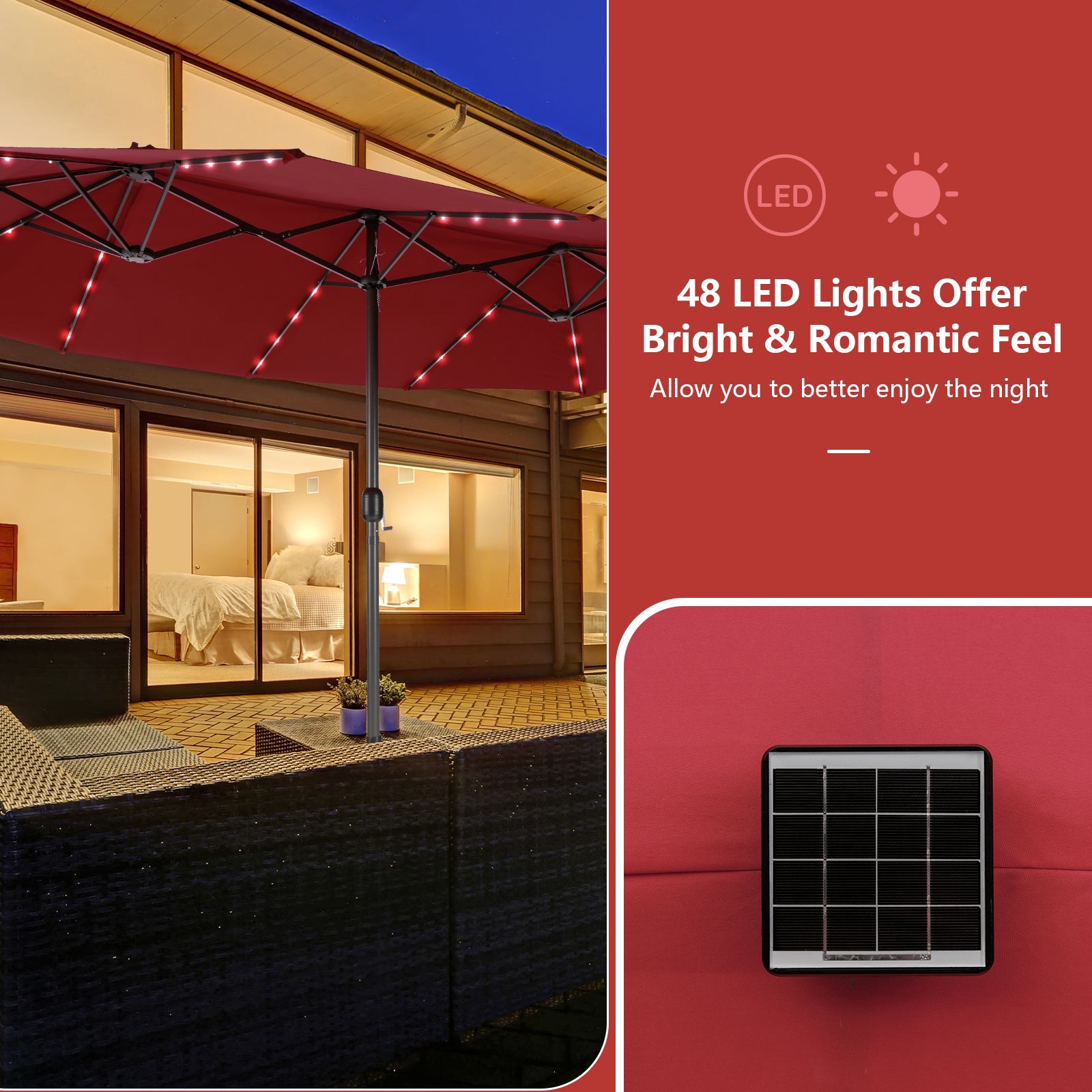 15 Feet Double-Sided Patio Umbrella with 48 LED Lights-Wine
