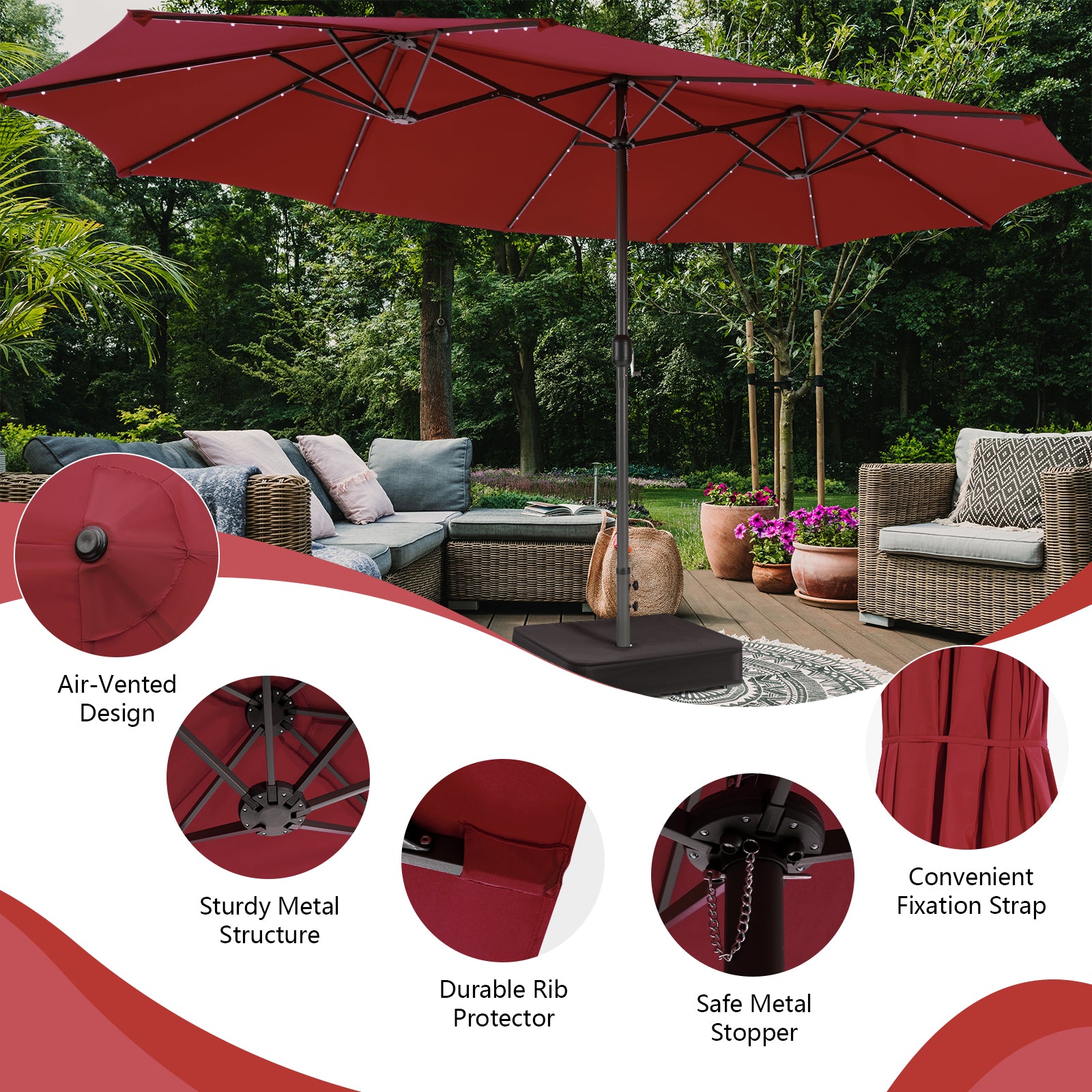 15 Feet Double-Sided Patio Umbrella with 48 LED Lights-Wine