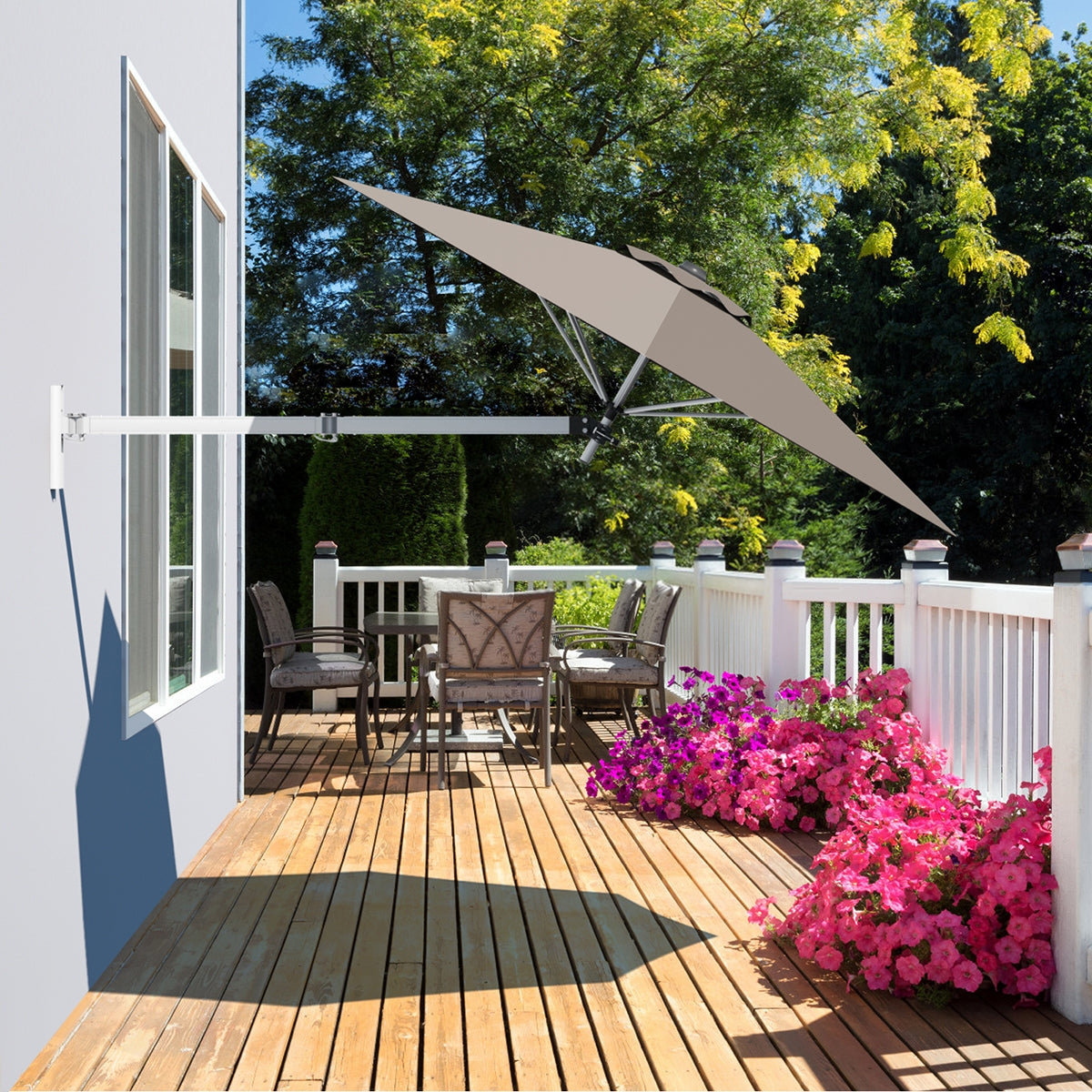 8ft Wall-Mounted Telescopic Folding Tilt Aluminum Sun Shade Umbrella-TanÂ