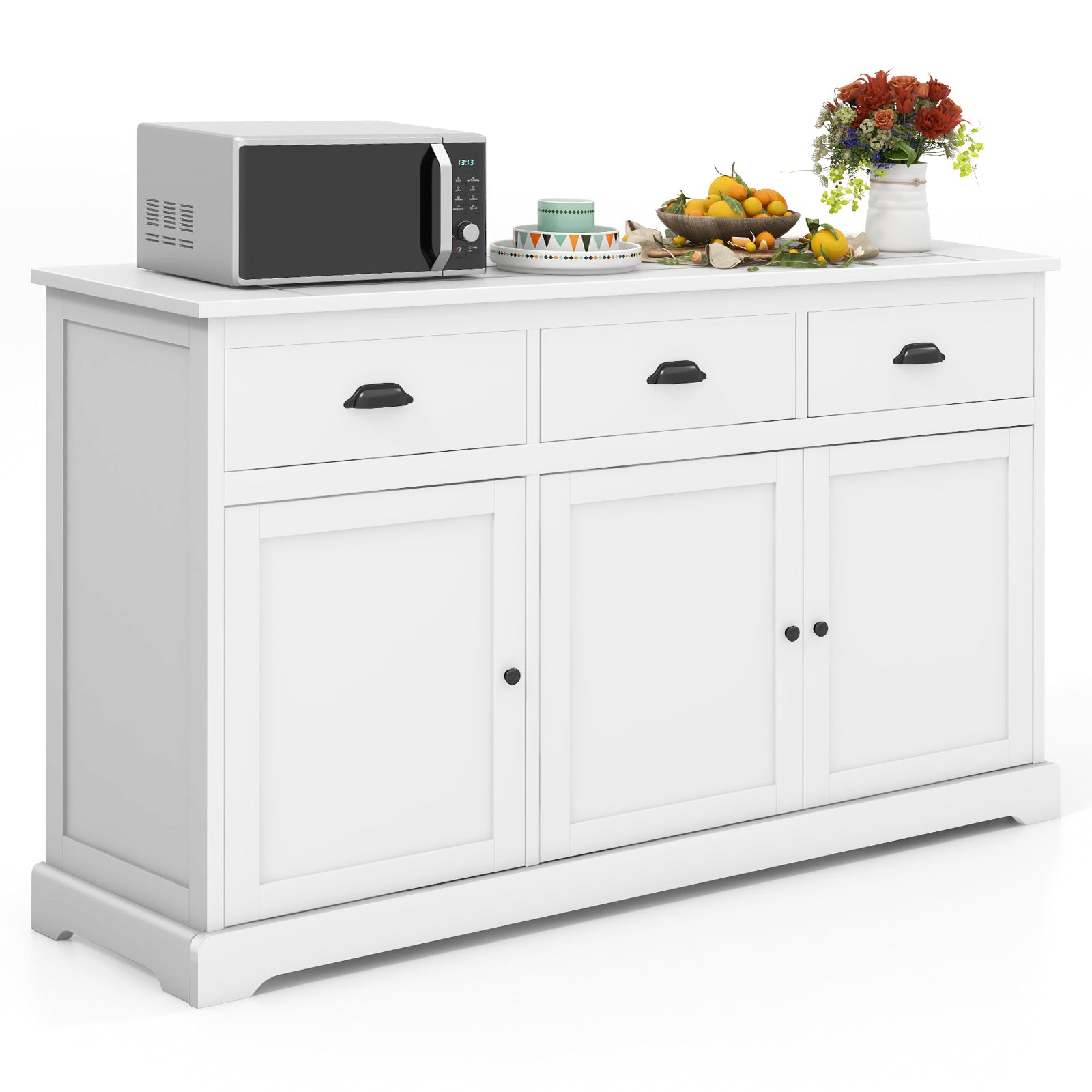 3 Drawers Sideboard Buffet Storage with Adjustable Shelves-WhiteÂ