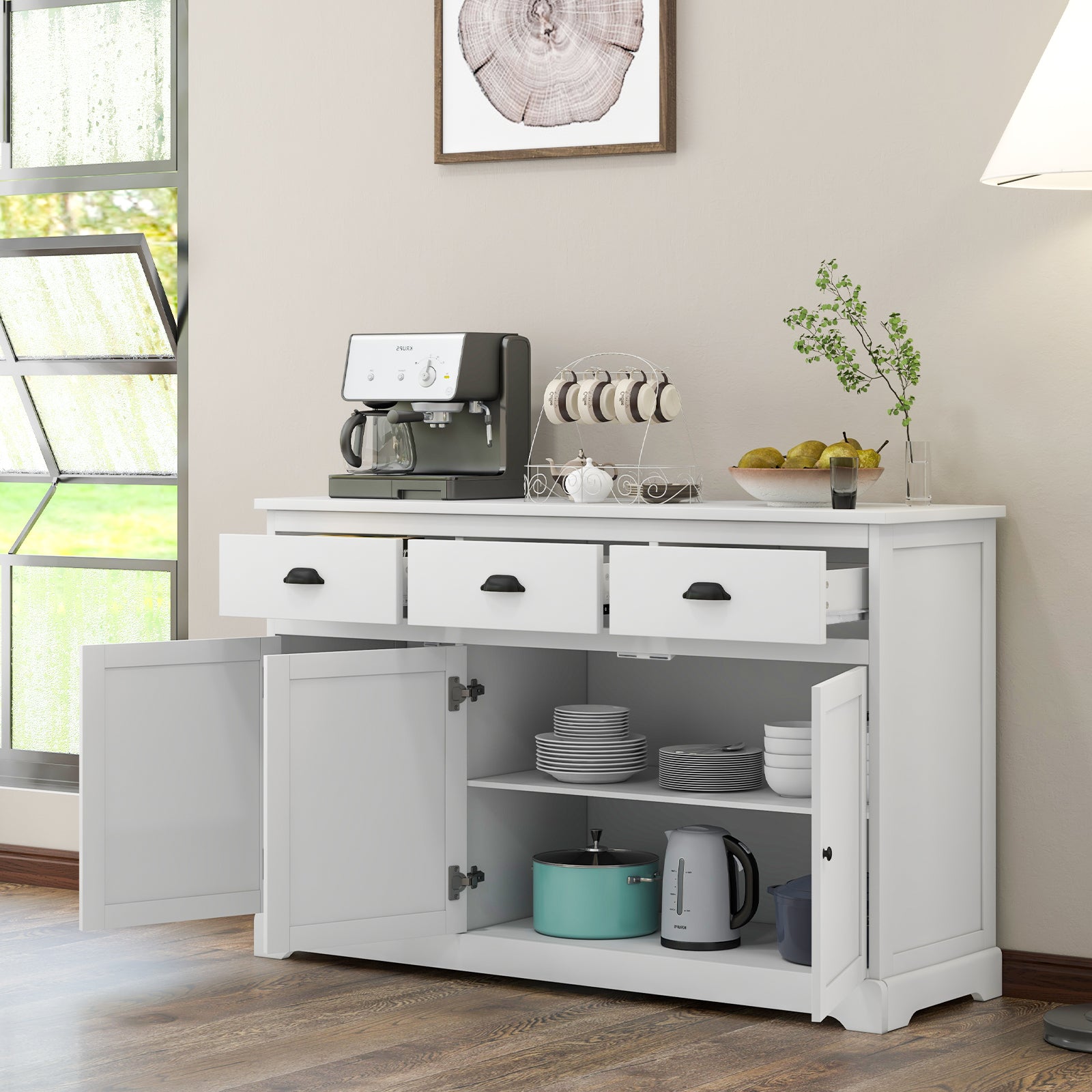 3 Drawers Sideboard Buffet Storage with Adjustable Shelves-WhiteÂ