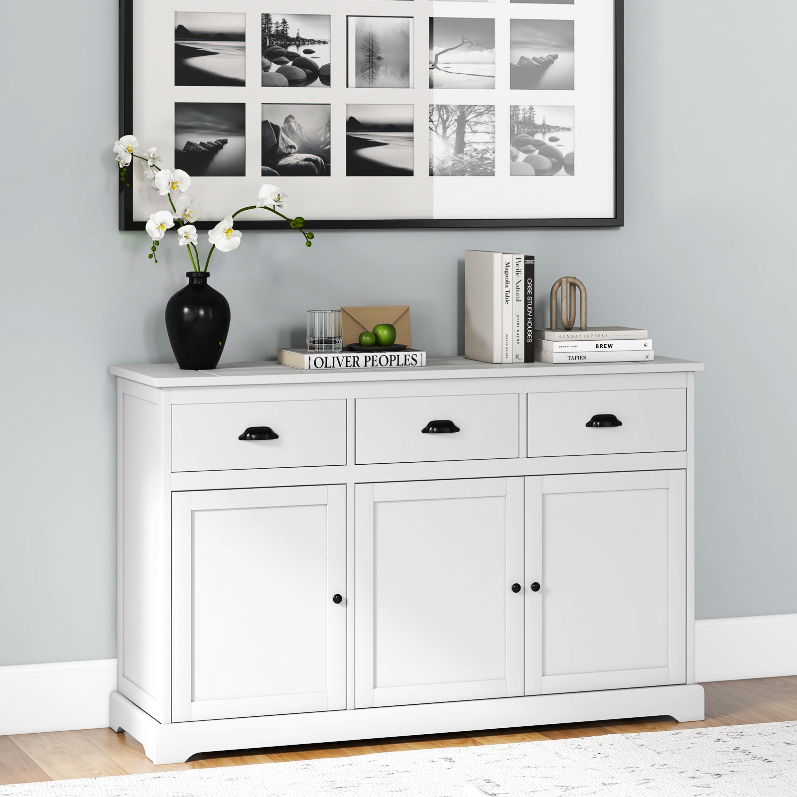 3 Drawers Sideboard Buffet Storage with Adjustable Shelves-WhiteÂ