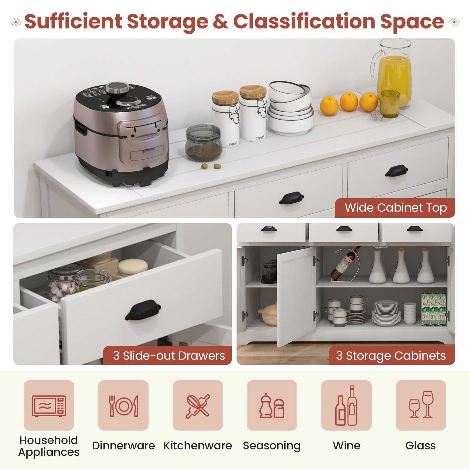 3 Drawers Sideboard Buffet Storage with Adjustable Shelves-WhiteÂ