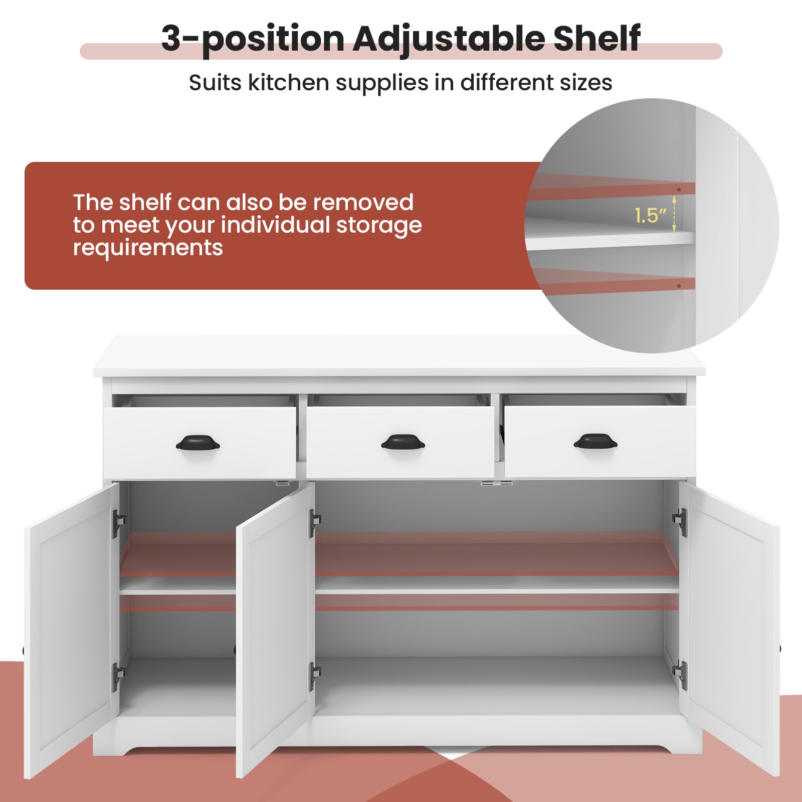 3 Drawers Sideboard Buffet Storage with Adjustable Shelves-WhiteÂ