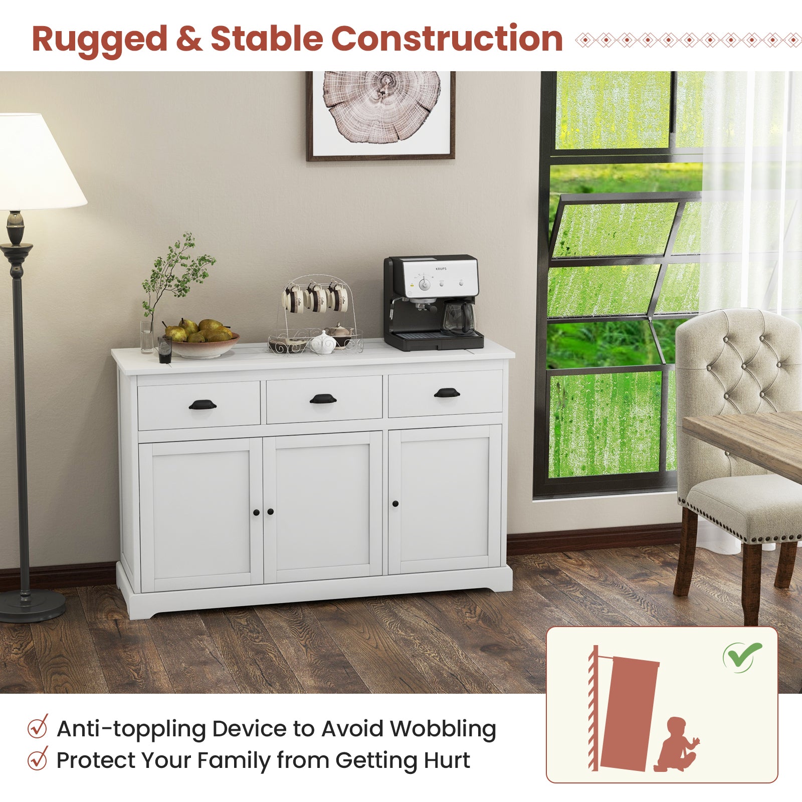 3 Drawers Sideboard Buffet Storage with Adjustable Shelves-WhiteÂ