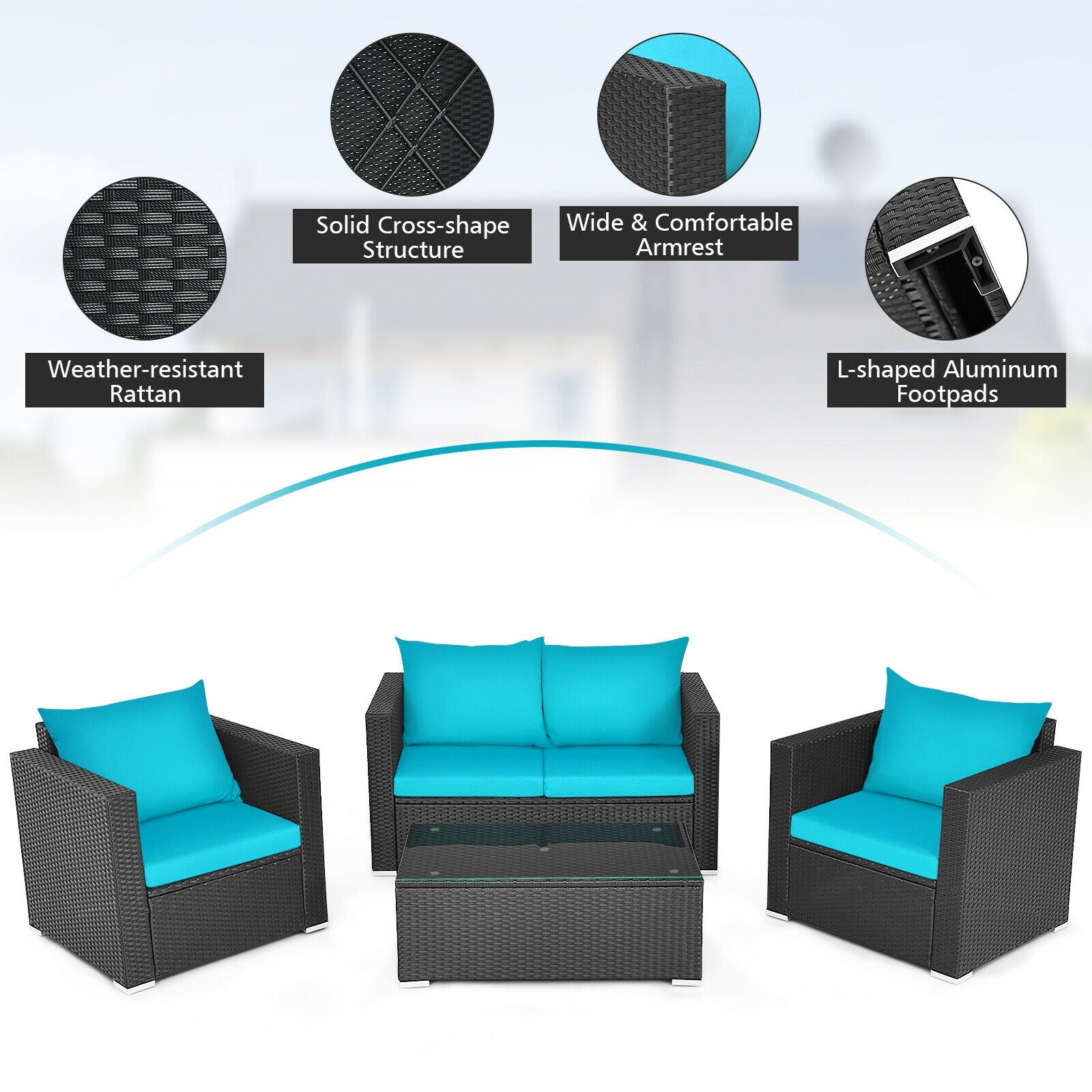 4Pcs Patio Rattan Cushioned Furniture Set-TurquoiseÂ