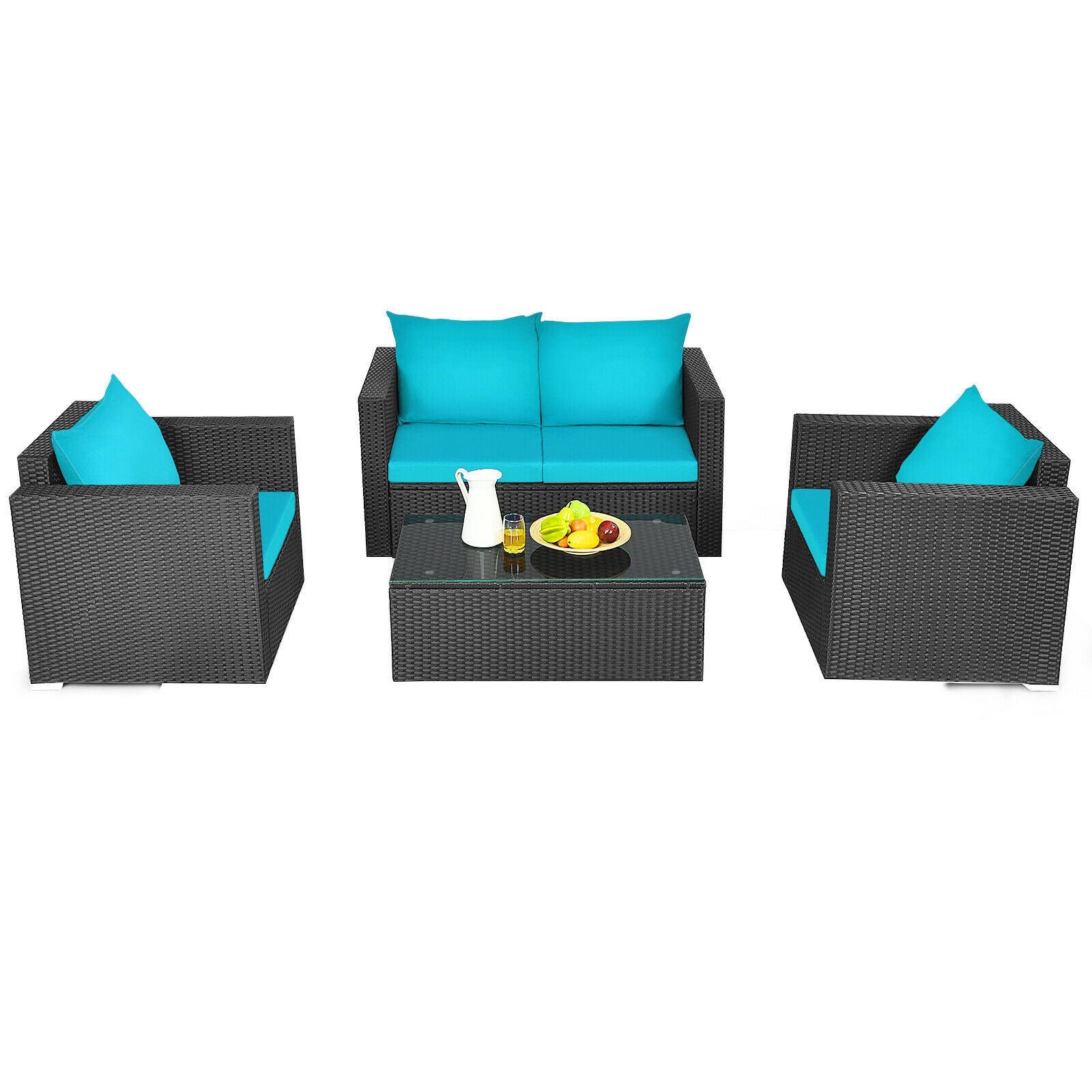 4Pcs Patio Rattan Cushioned Furniture Set-TurquoiseÂ